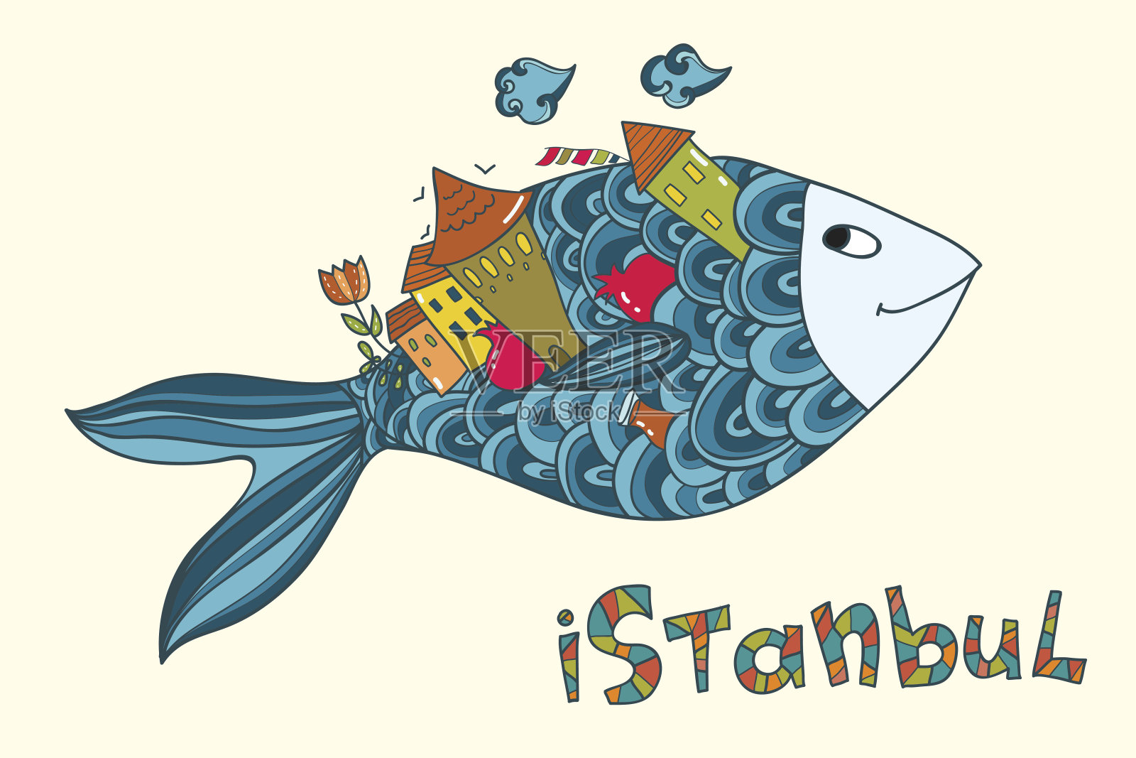 带着城市和伊斯坦布尔标志的微笑鱼。插画图片素材