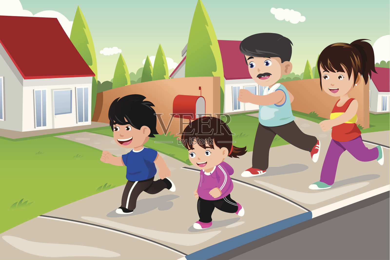 郊区一个家庭在户外跑步设计元素图片