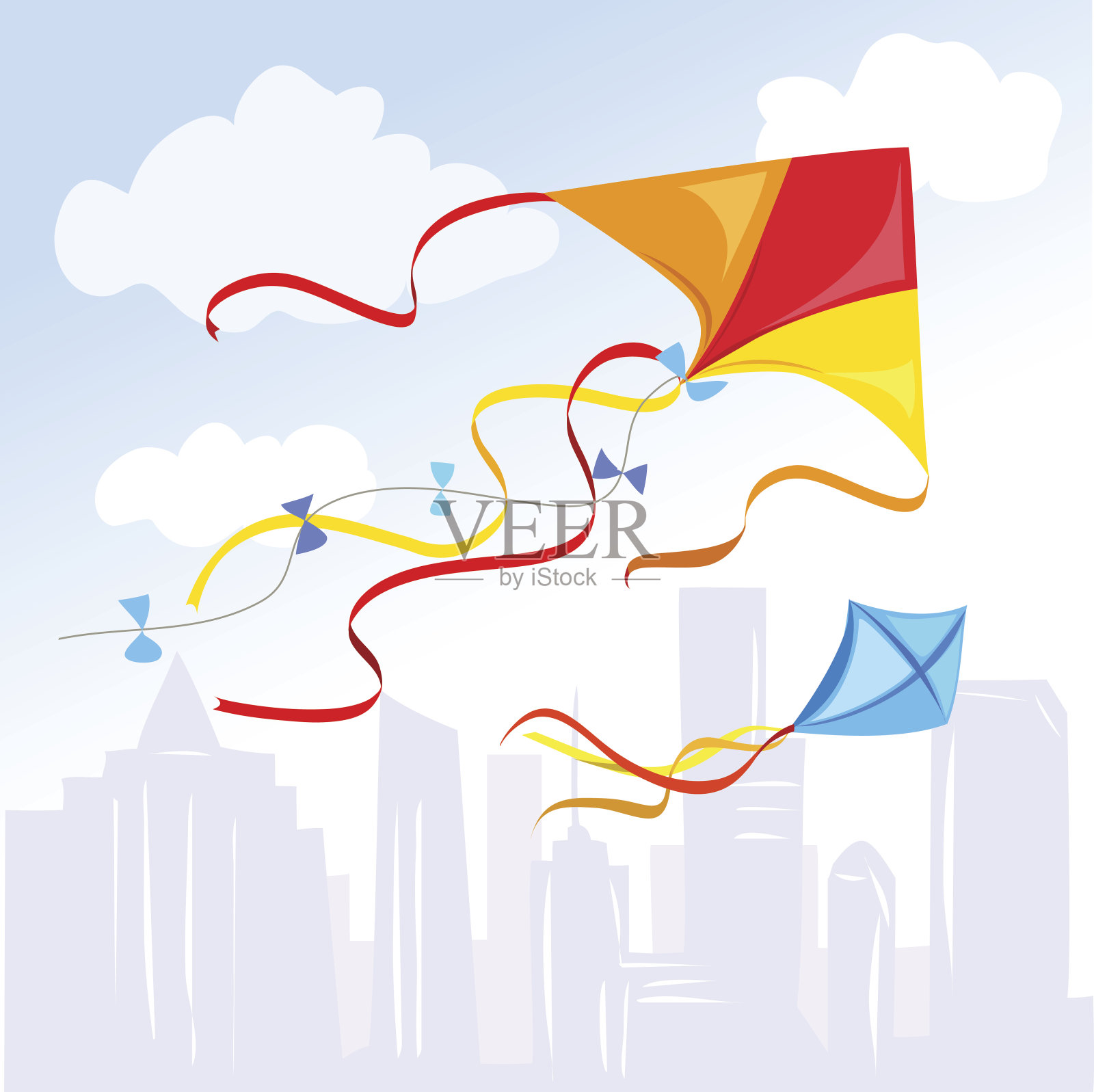 城市上空的风筝插画图片素材