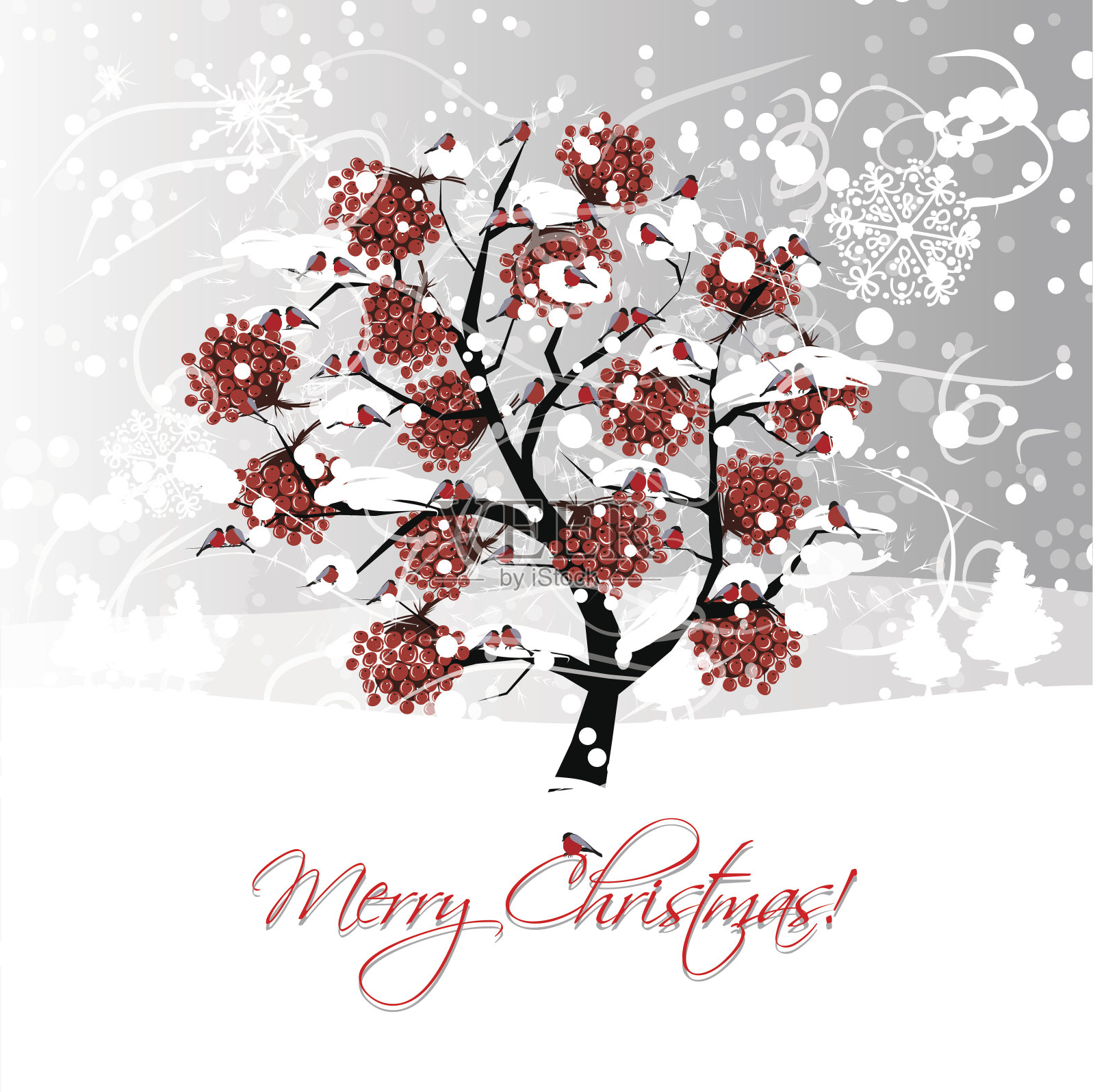 圣诞贺卡设计与冬季花楸树和红腹灰雀设计模板素材