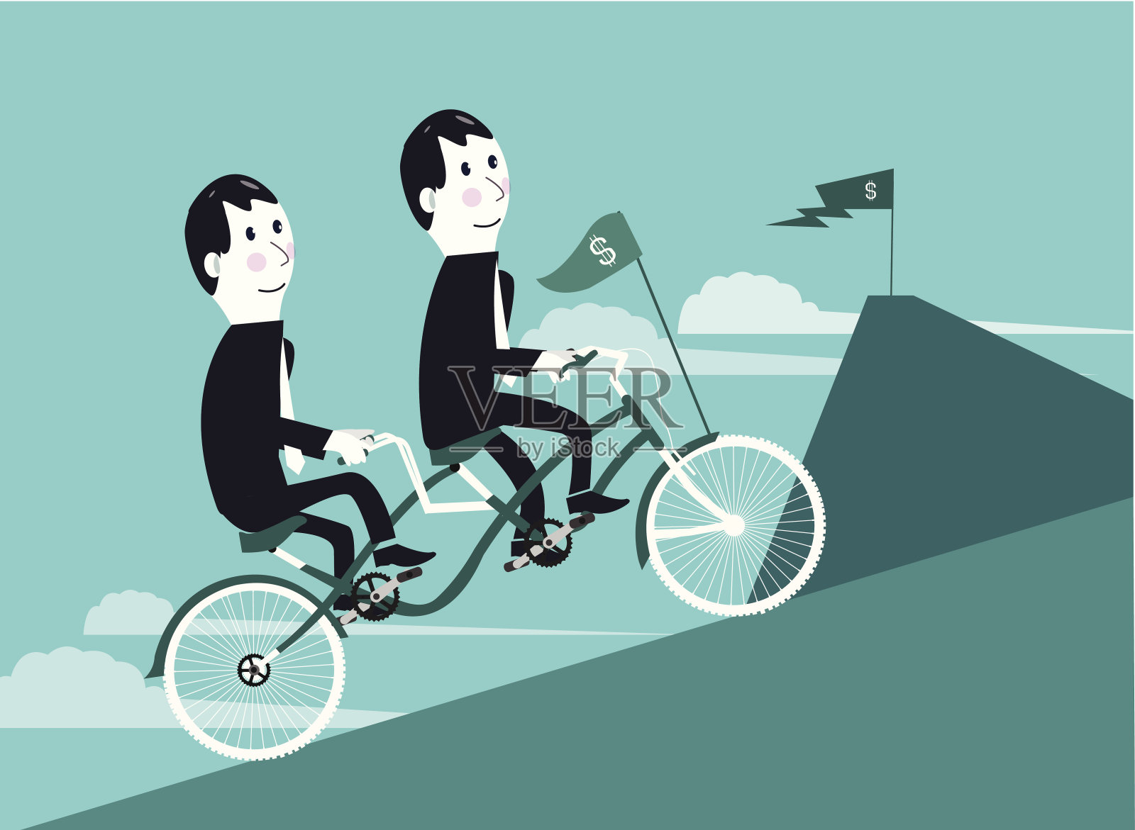 两个商人骑着双人自行车向球门走去插画图片素材