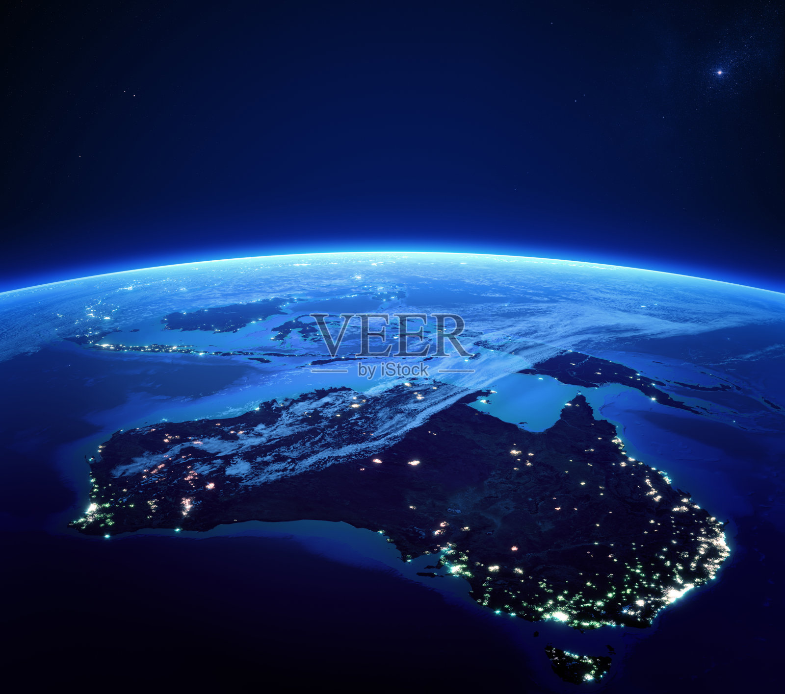 澳大利亚的城市灯光在晚上来自太空照片摄影图片