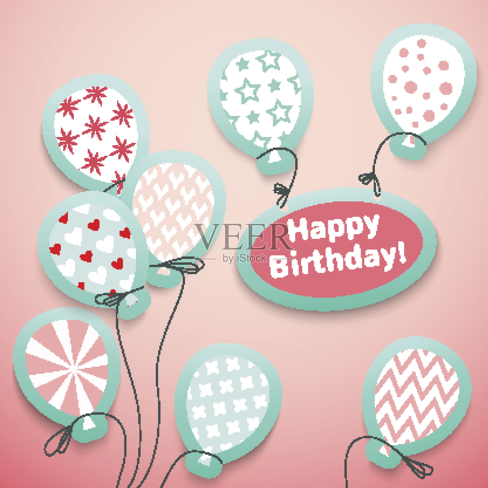 生日快乐的复古明信片与图案气球插画图片素材
