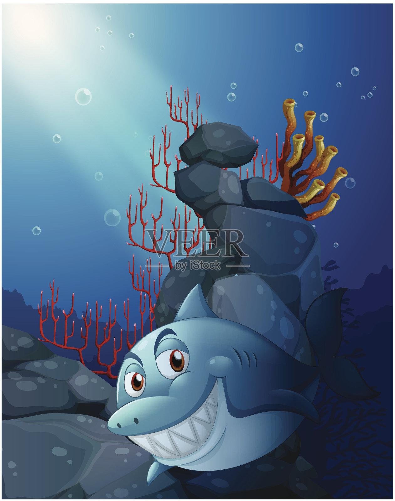 微笑的鲨鱼在海底岩石附近插画图片素材