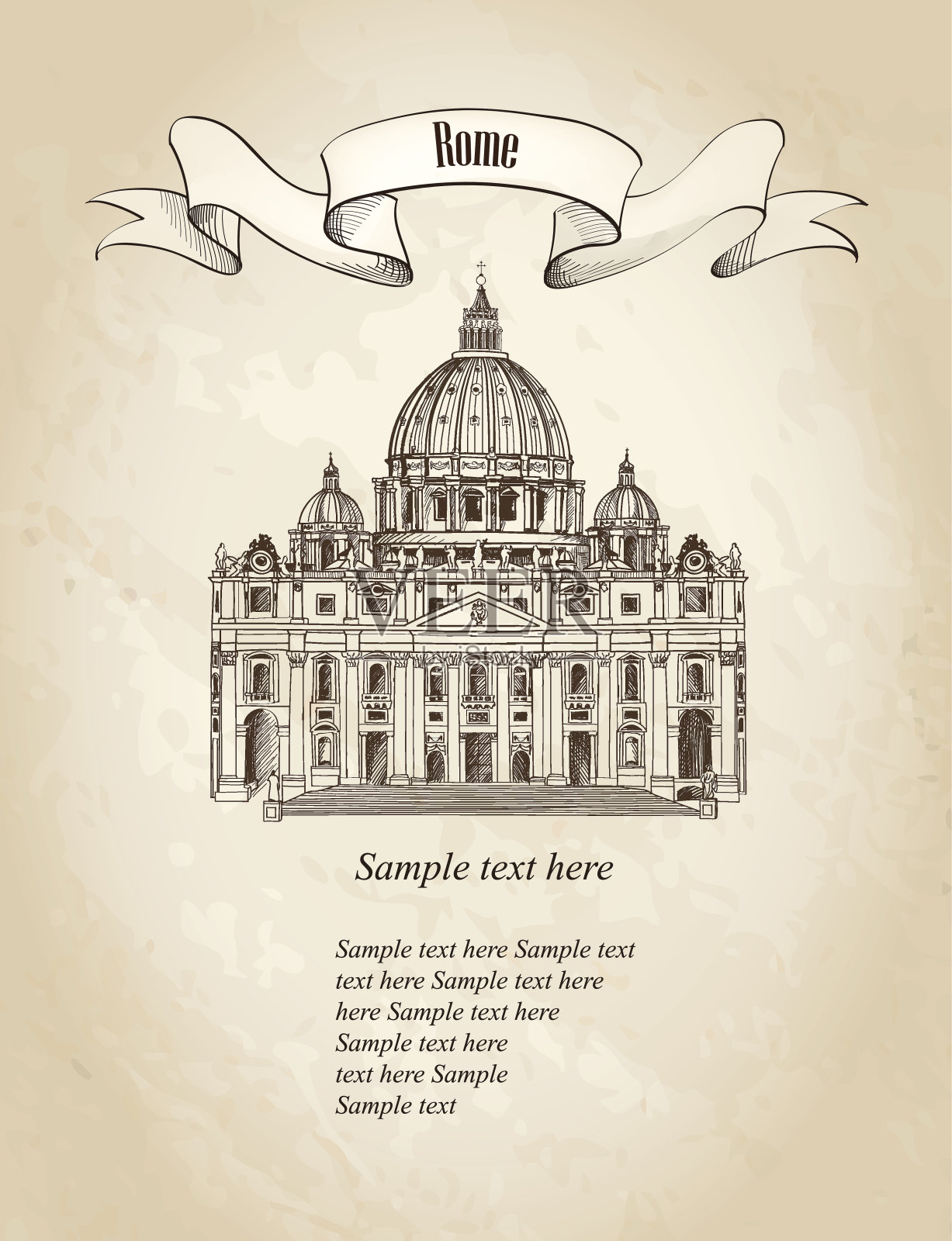 罗马地标旧纸背景。圣彼得大教堂，罗马，意大利。插画图片素材