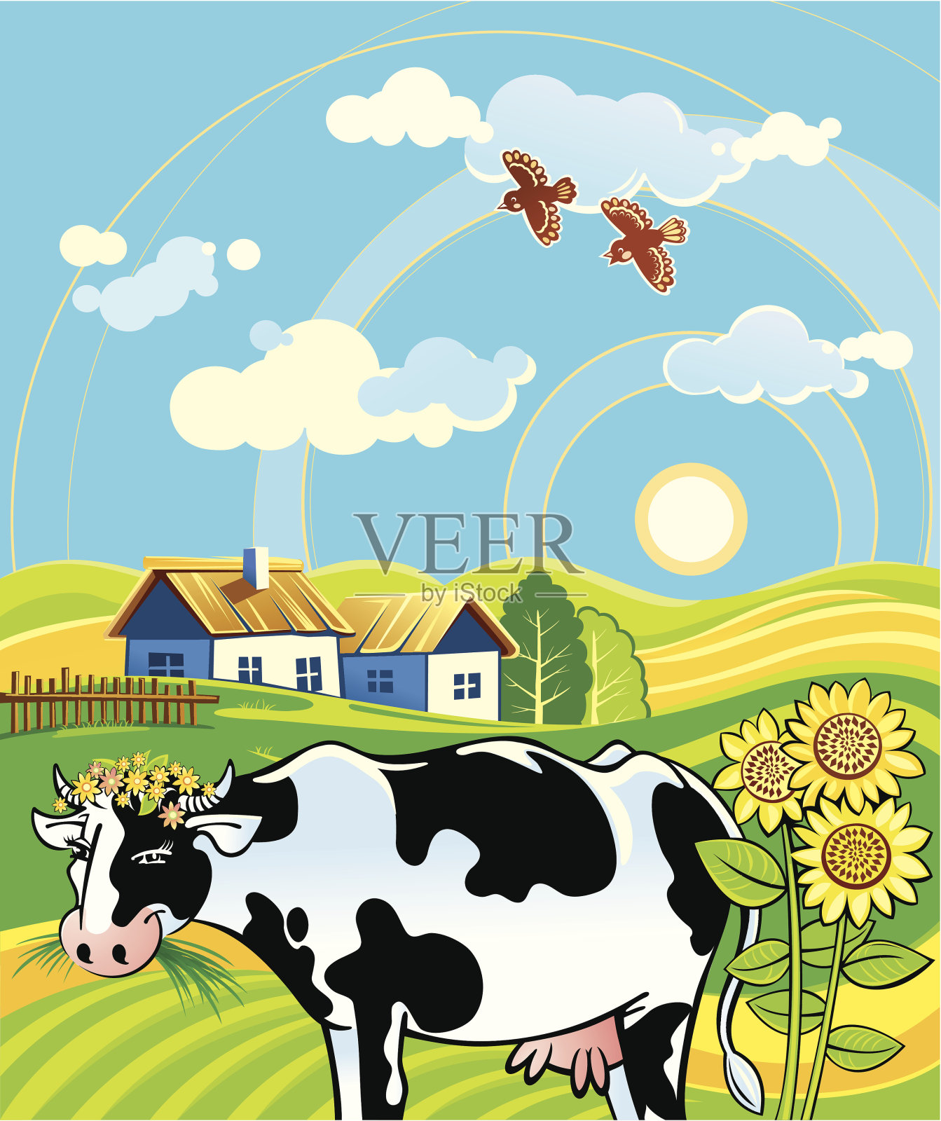 夏日田园风光与欢快的牛插画图片素材