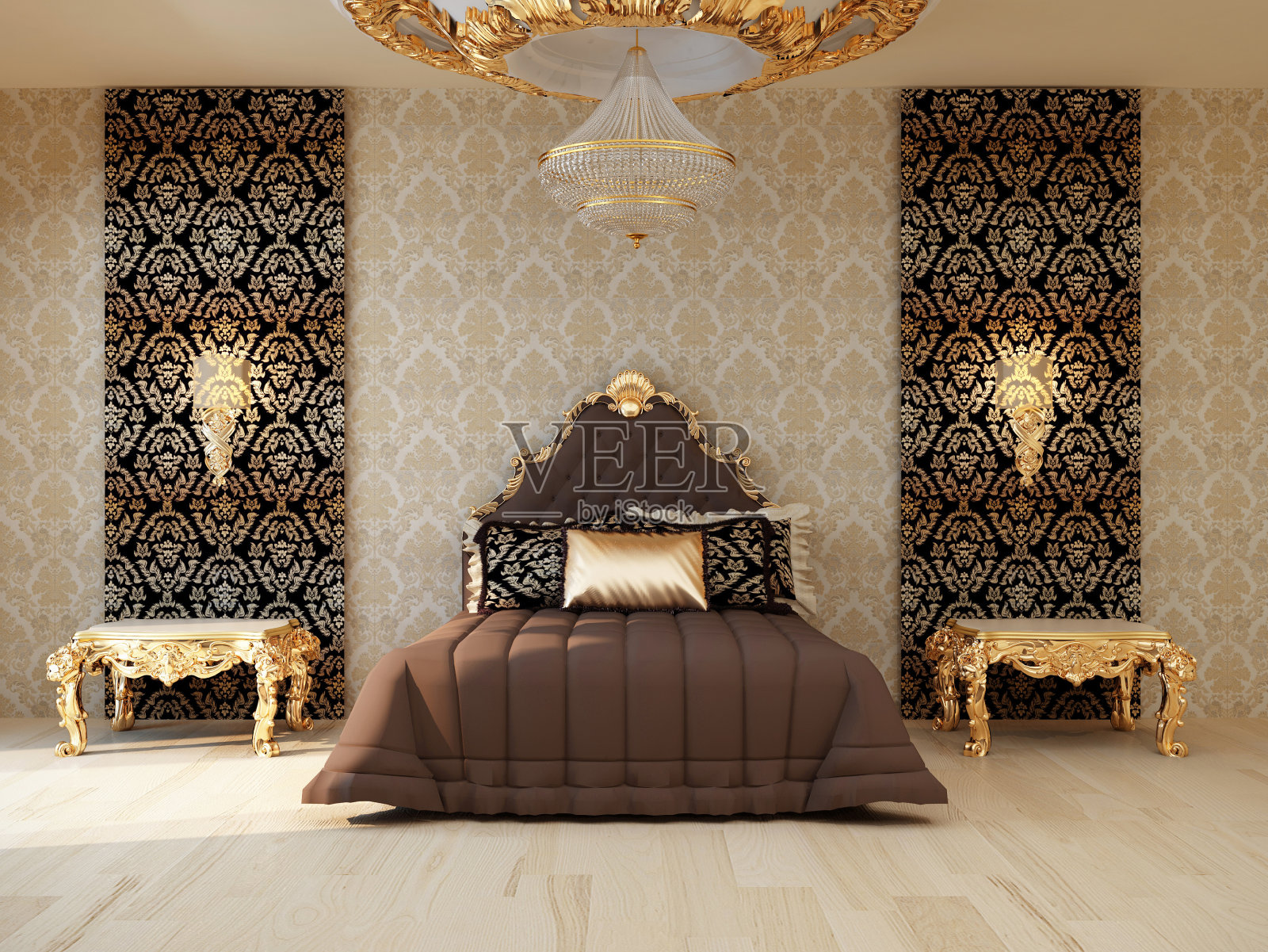 豪华的卧室，金色的家具在皇家内部照片摄影图片