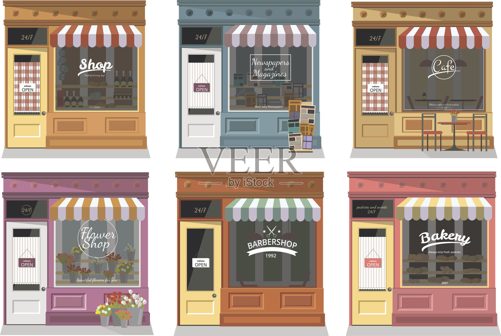 商店和商店立面图标设置在平面设计风格。插画图片素材