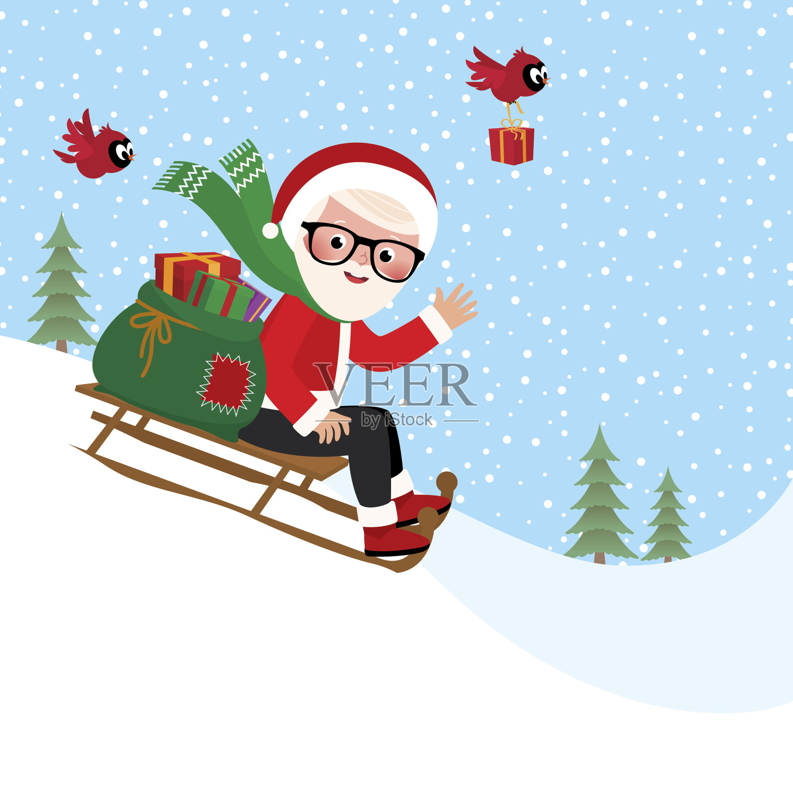 圣诞老人带着一袋礼物坐在雪橇上插画图片素材