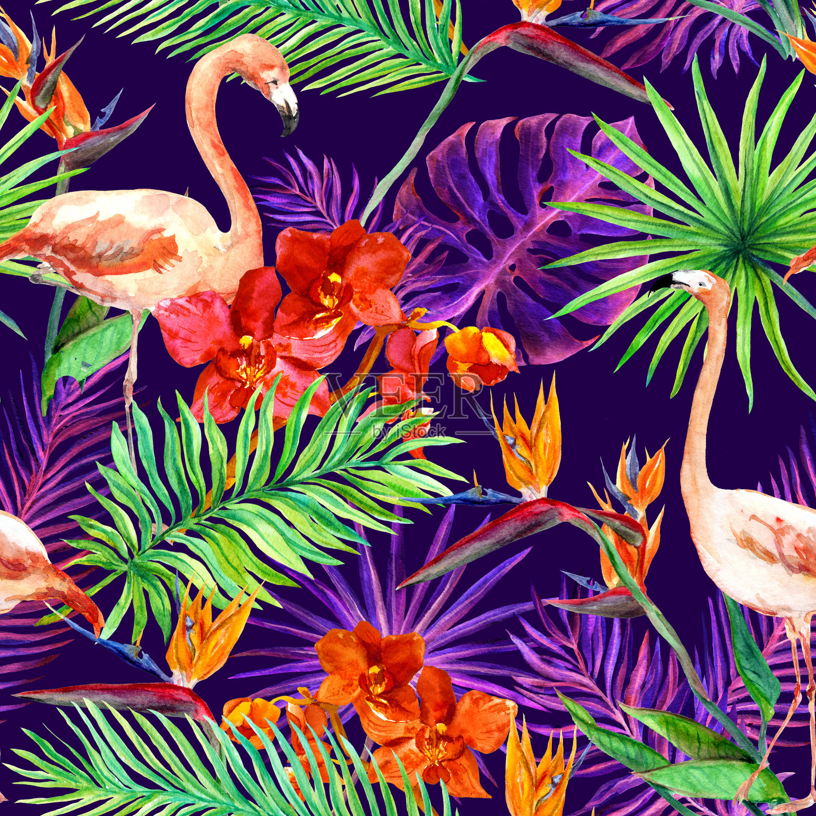 热带奇异的叶子，兰花花，霓虹灯。无缝模式。水彩插画图片素材