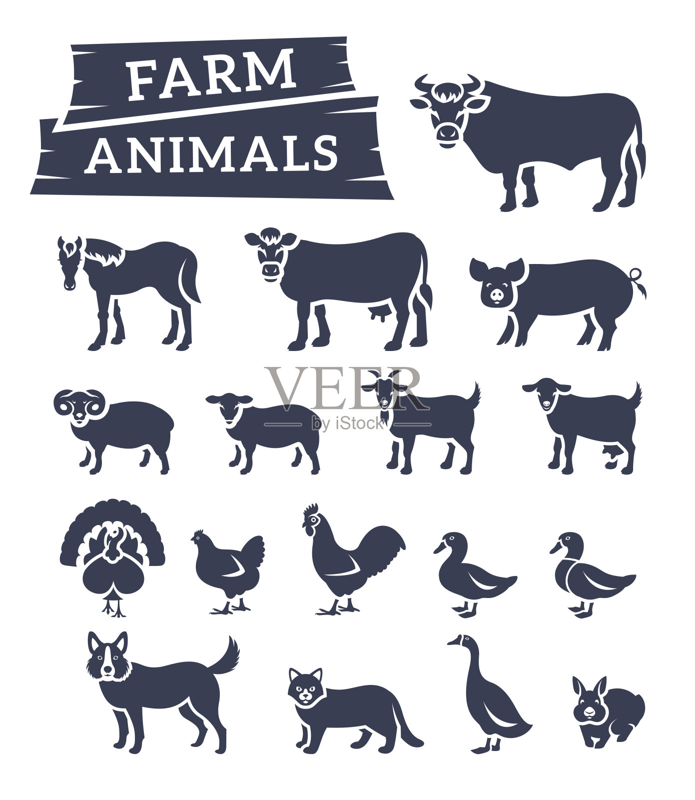 家畜农场动物平面轮廓矢量图标设计元素图片