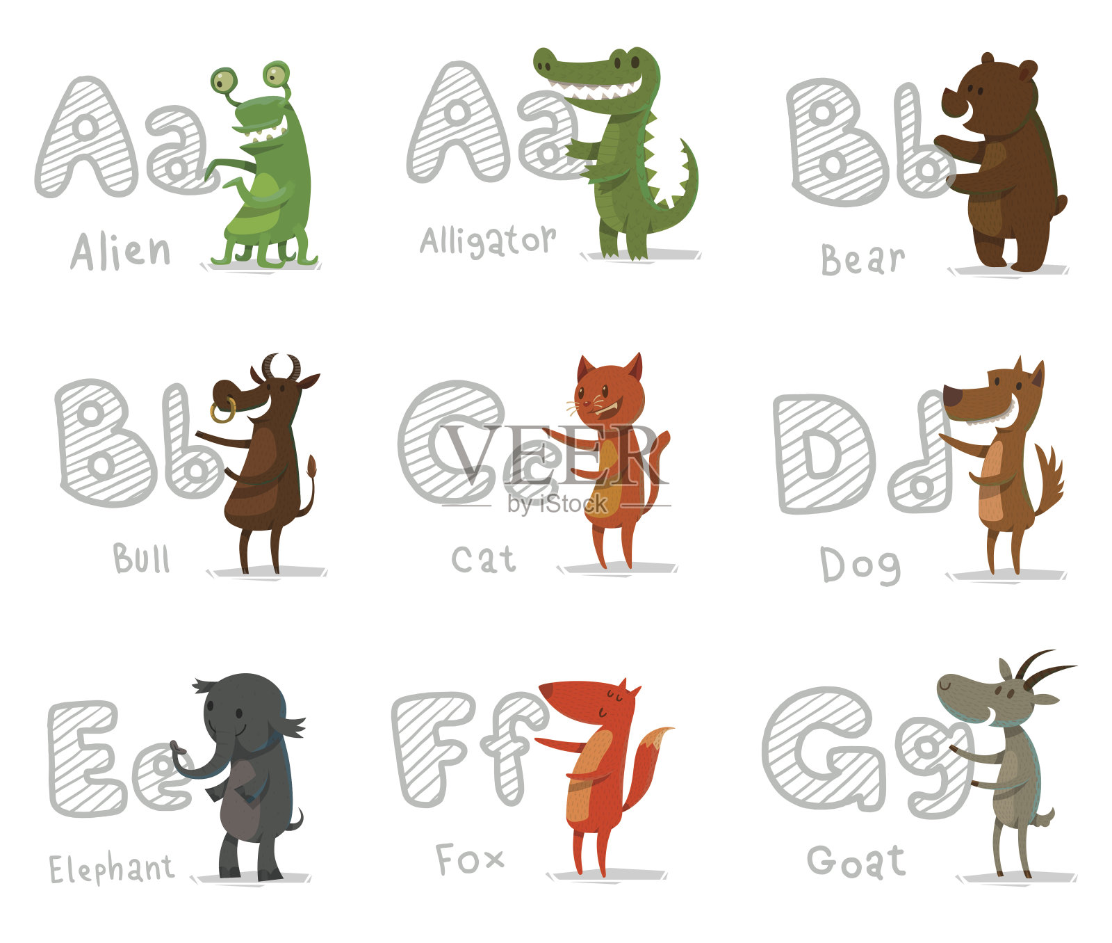 字母表动物，字母A-G插画图片素材