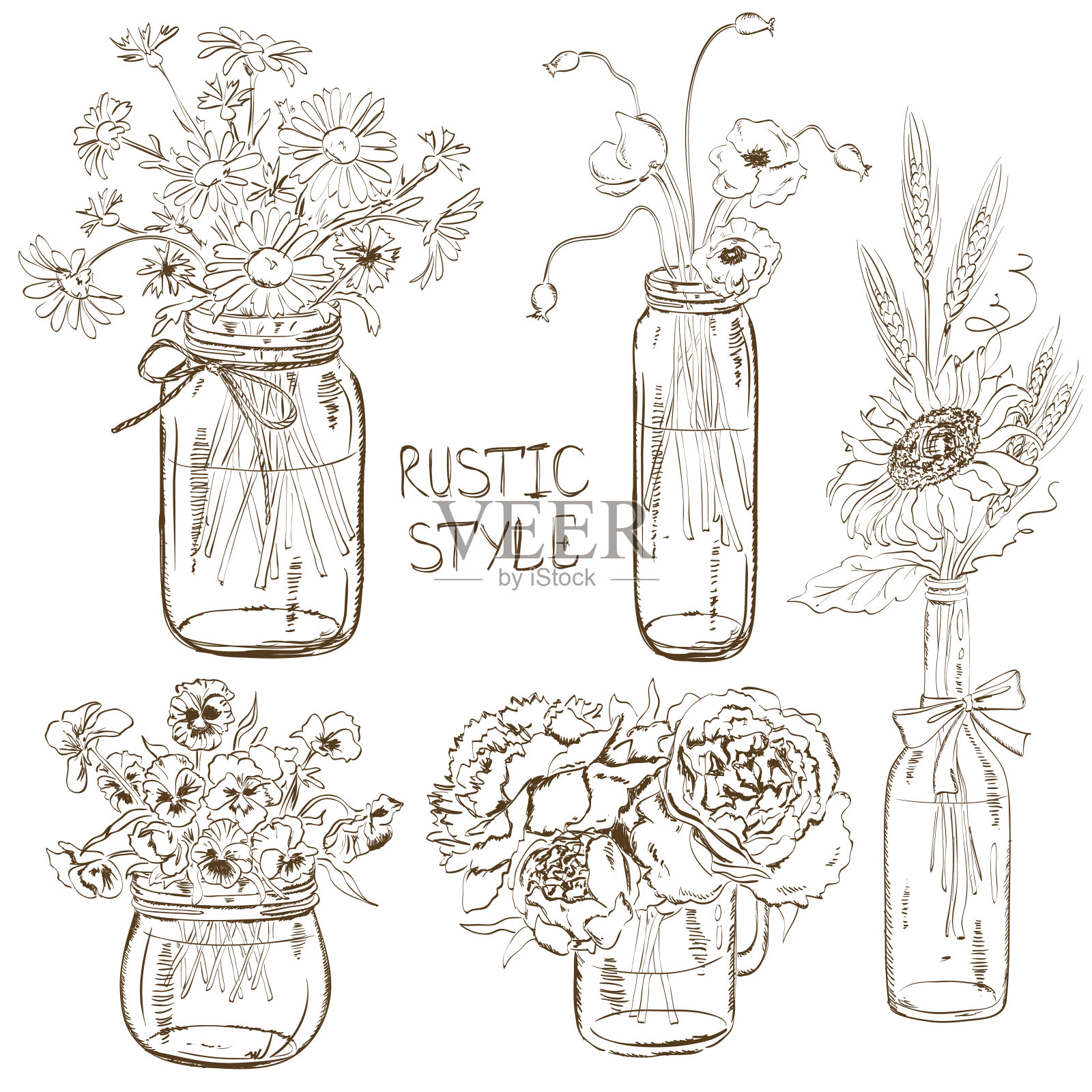 一套盛满鲜花的玻璃瓶插画图片素材