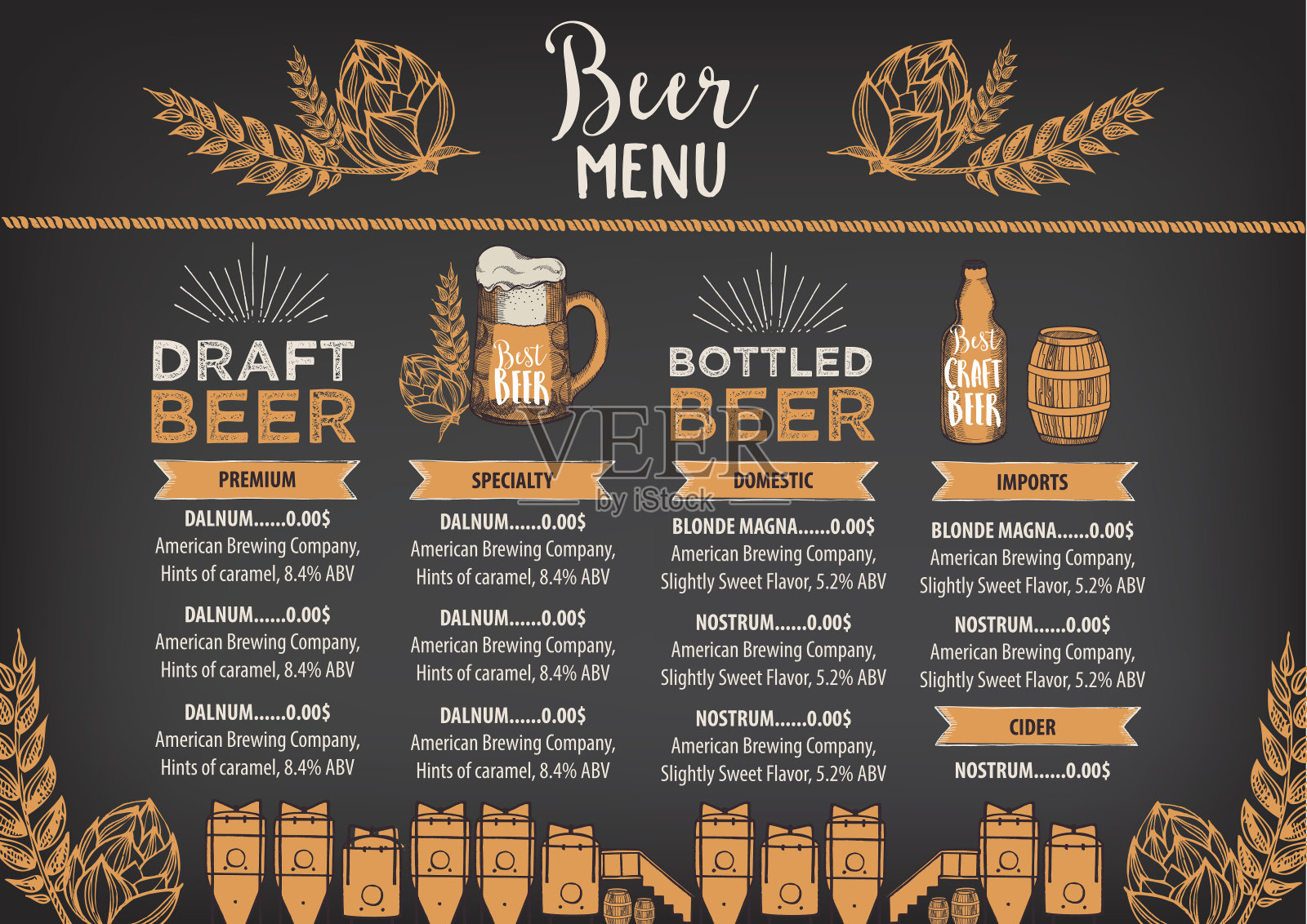 啤酒咖啡厅菜单，模板设计。设计模板素材