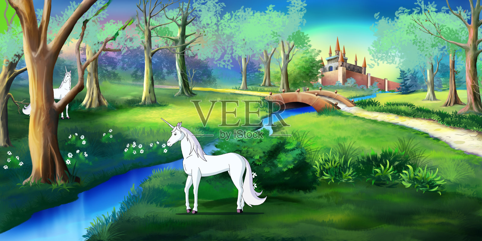 城堡附近的魔法森林里的白色独角兽插画图片素材
