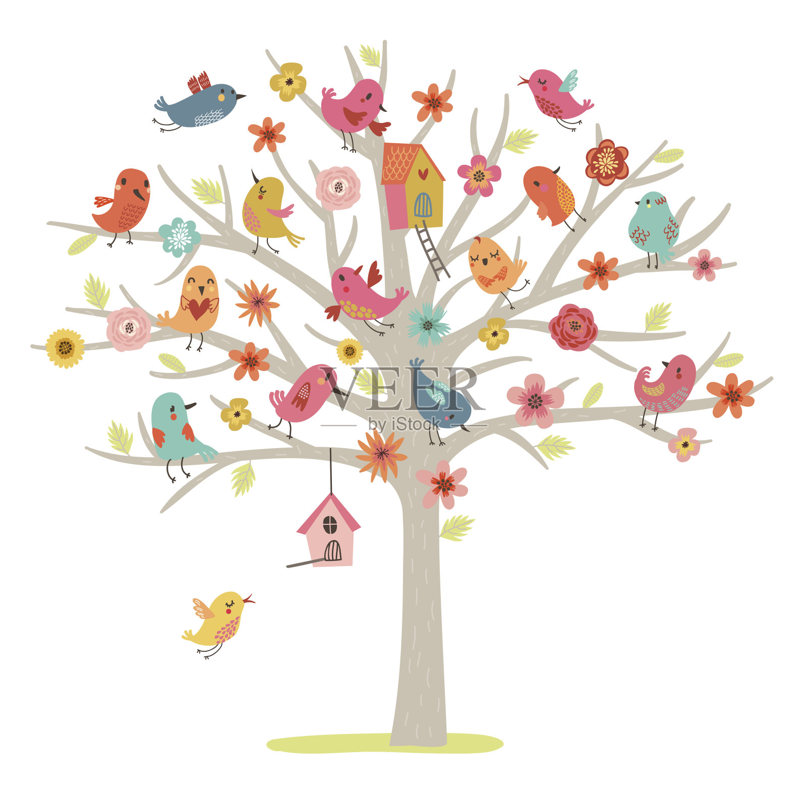 可爱的向量的名片。鸟在树上合家。插画图片素材