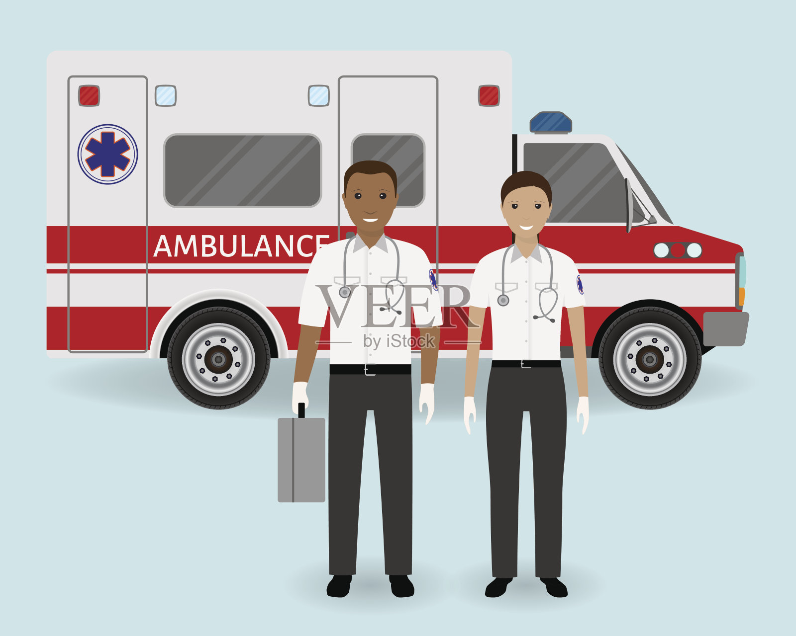 医院工作人员的概念。救护人员在救护车的背景上。紧急医疗服务人员插画图片素材