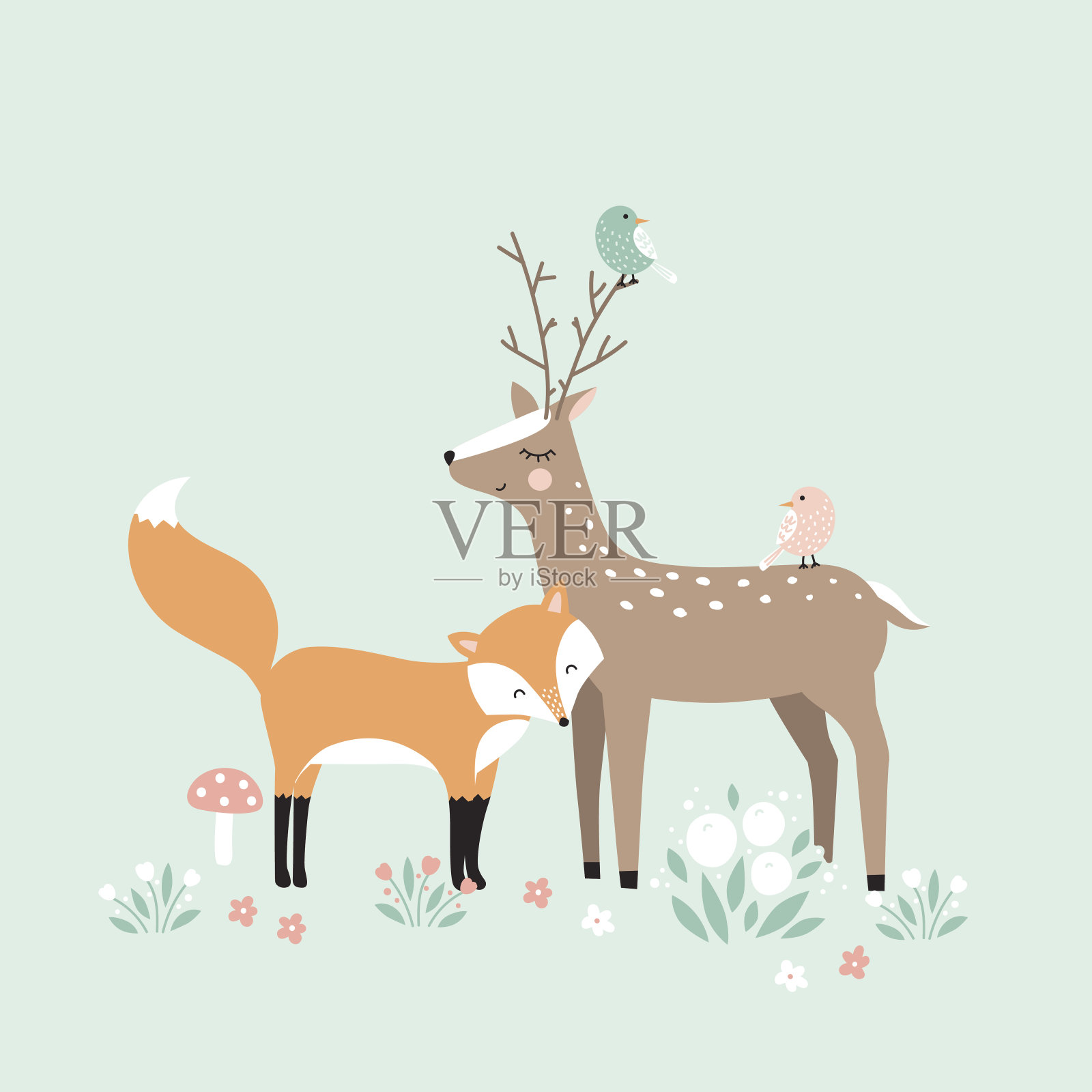 矢量插图，森林动物，鹿，狐狸，鸟类插画图片素材