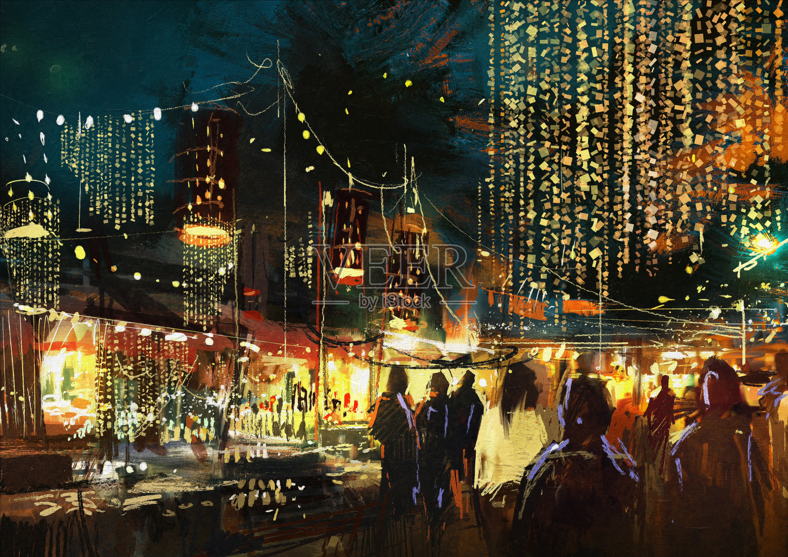 购物街城市，丰富多彩的夜生活插画图片素材