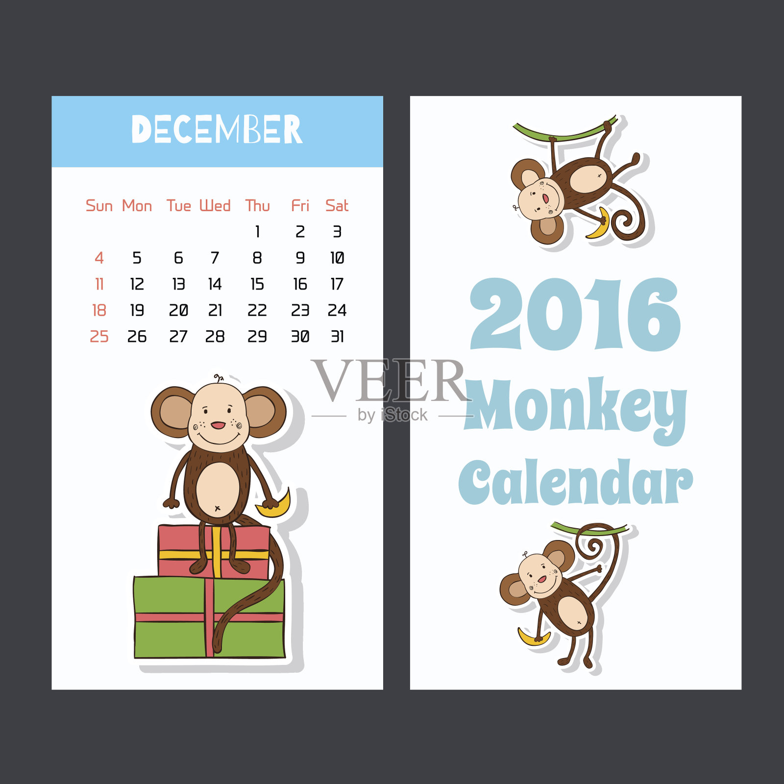 可爱的孩子2016日历页与猴子。12月。插画图片素材