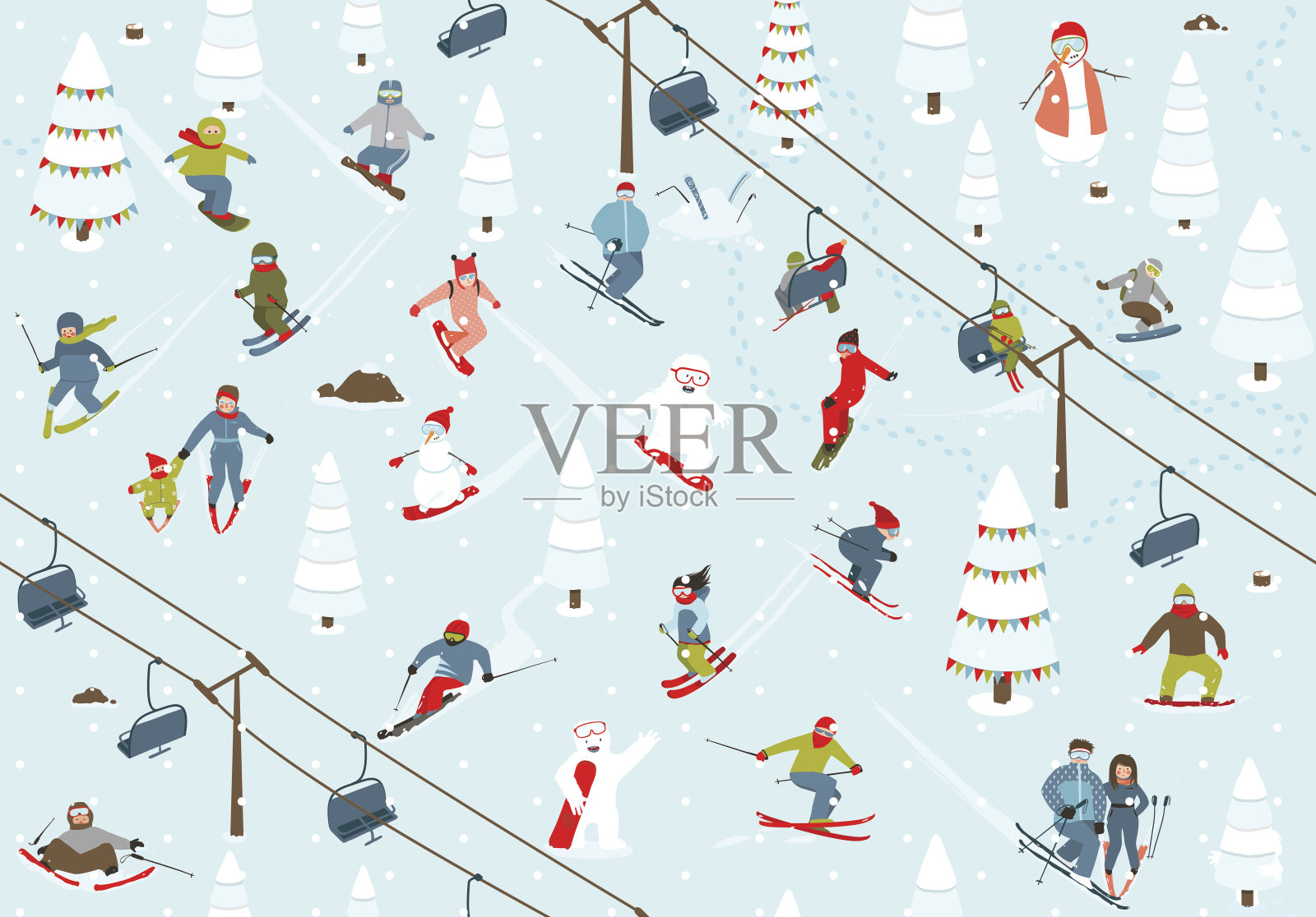 滑雪胜地无缝模式与滑雪板和滑雪者插画图片素材