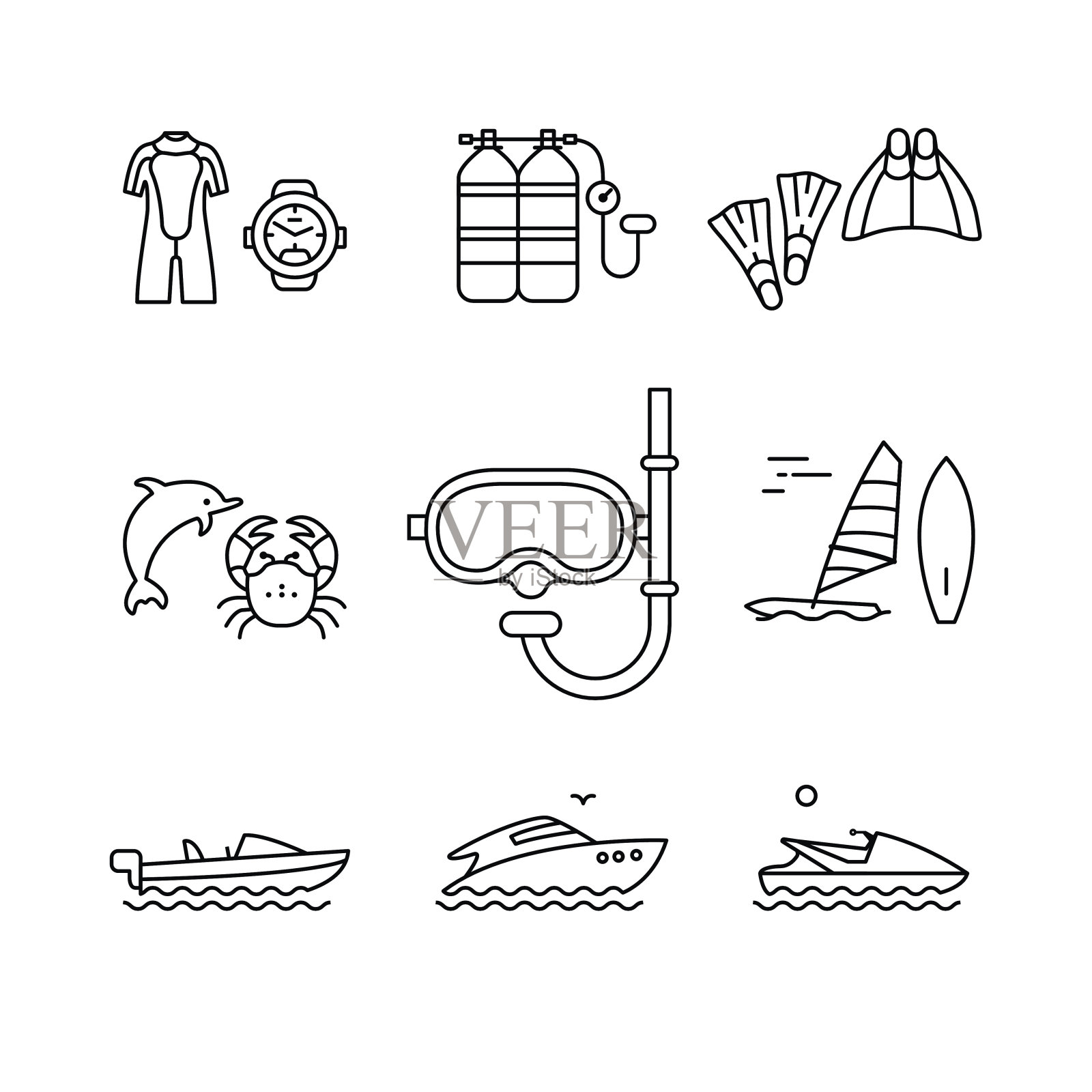潜水和自由潜水设备，船插画图片素材