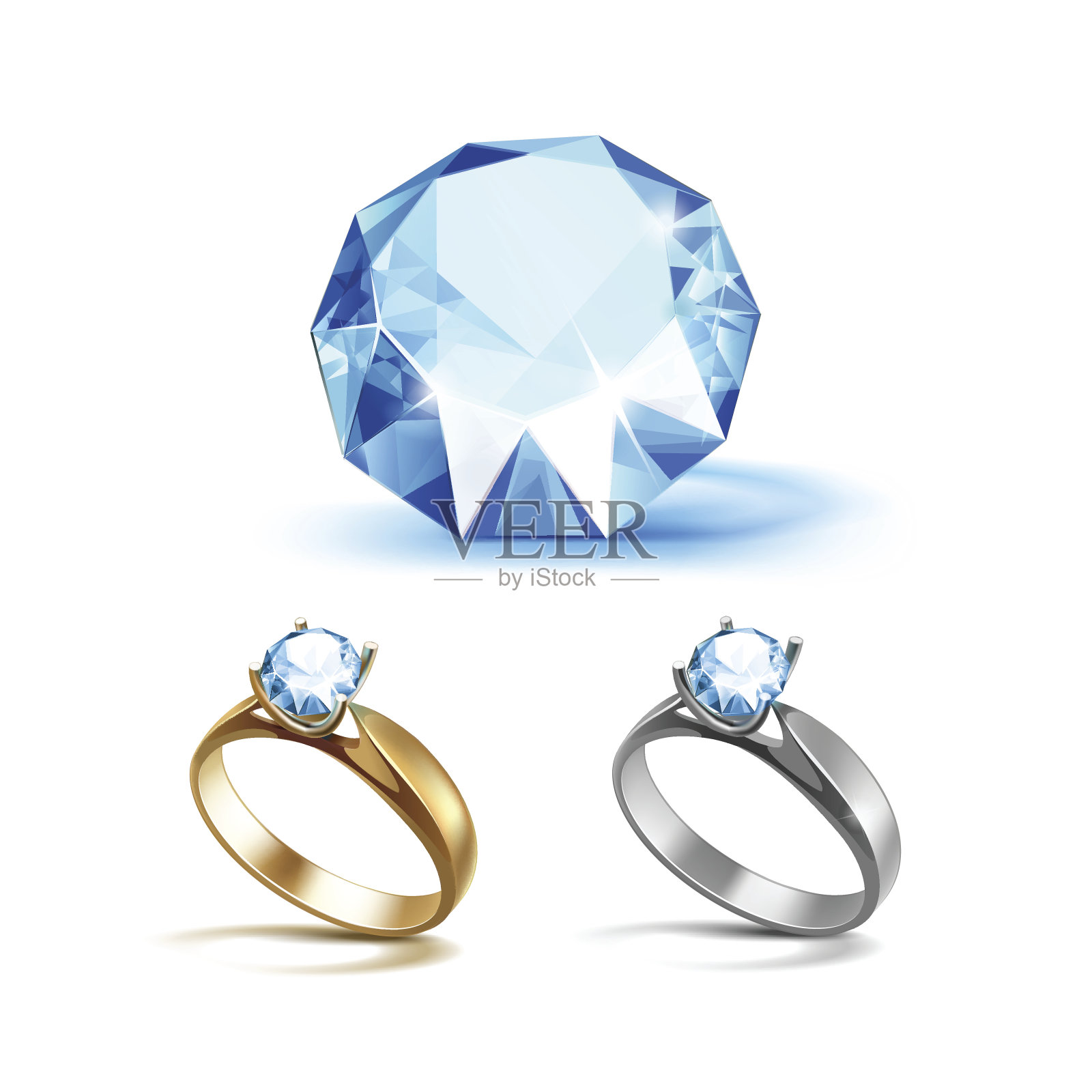金和银订婚戒指与浅蓝色闪亮的钻石设计元素图片