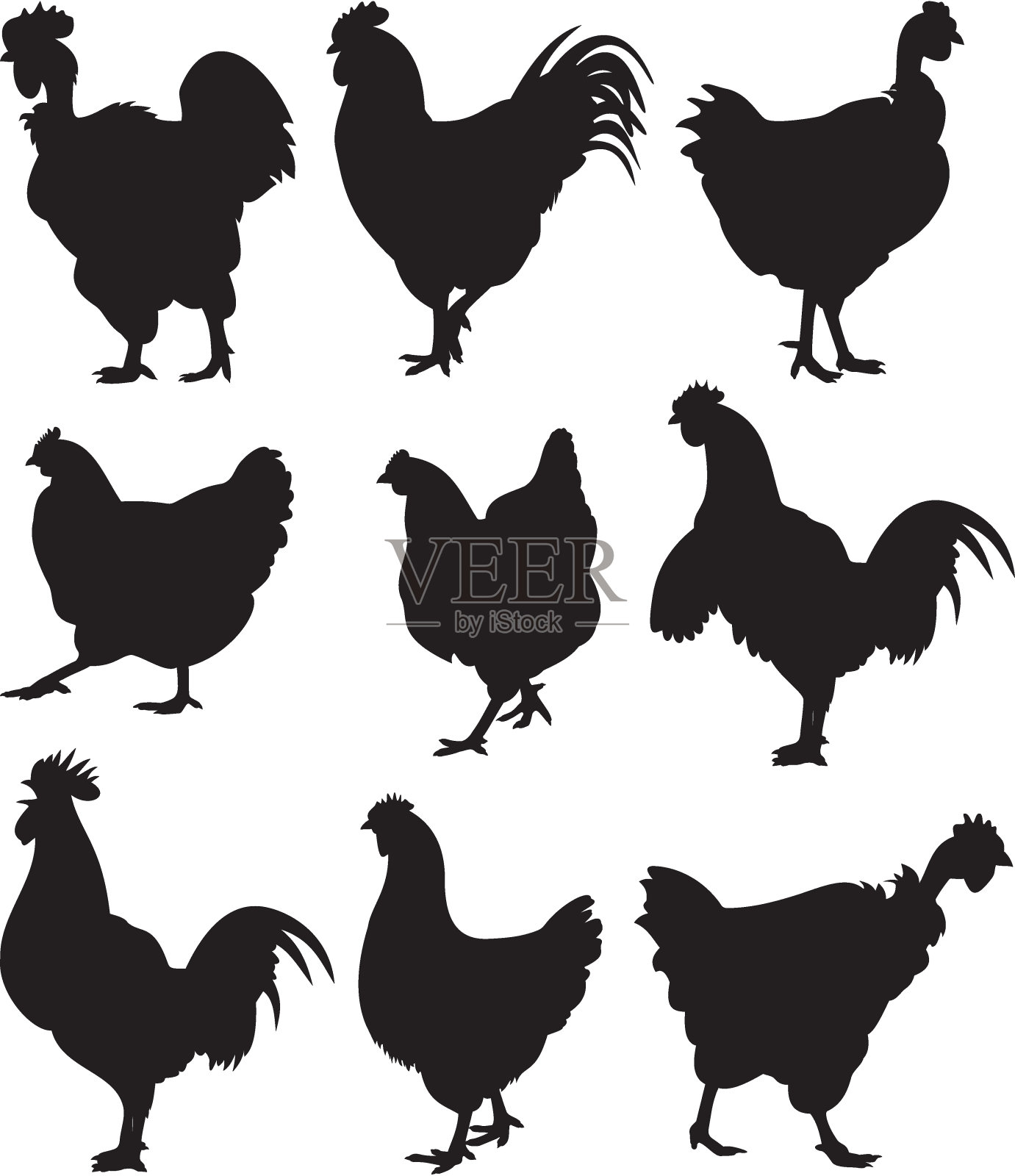 小鸡，母鸡，公鸡的剪影设计元素图片