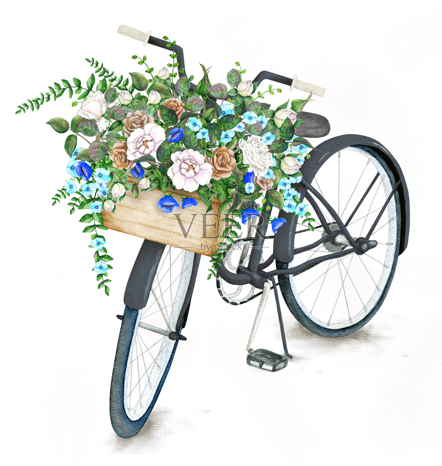 水彩黑色自行车与美丽的花篮设计元素图片