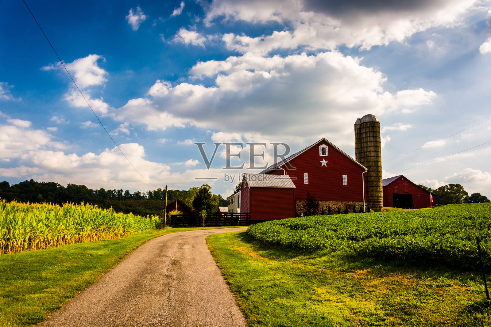 宾夕法尼亚州约克郡乡间的车道和红色谷仓。照片摄影图片