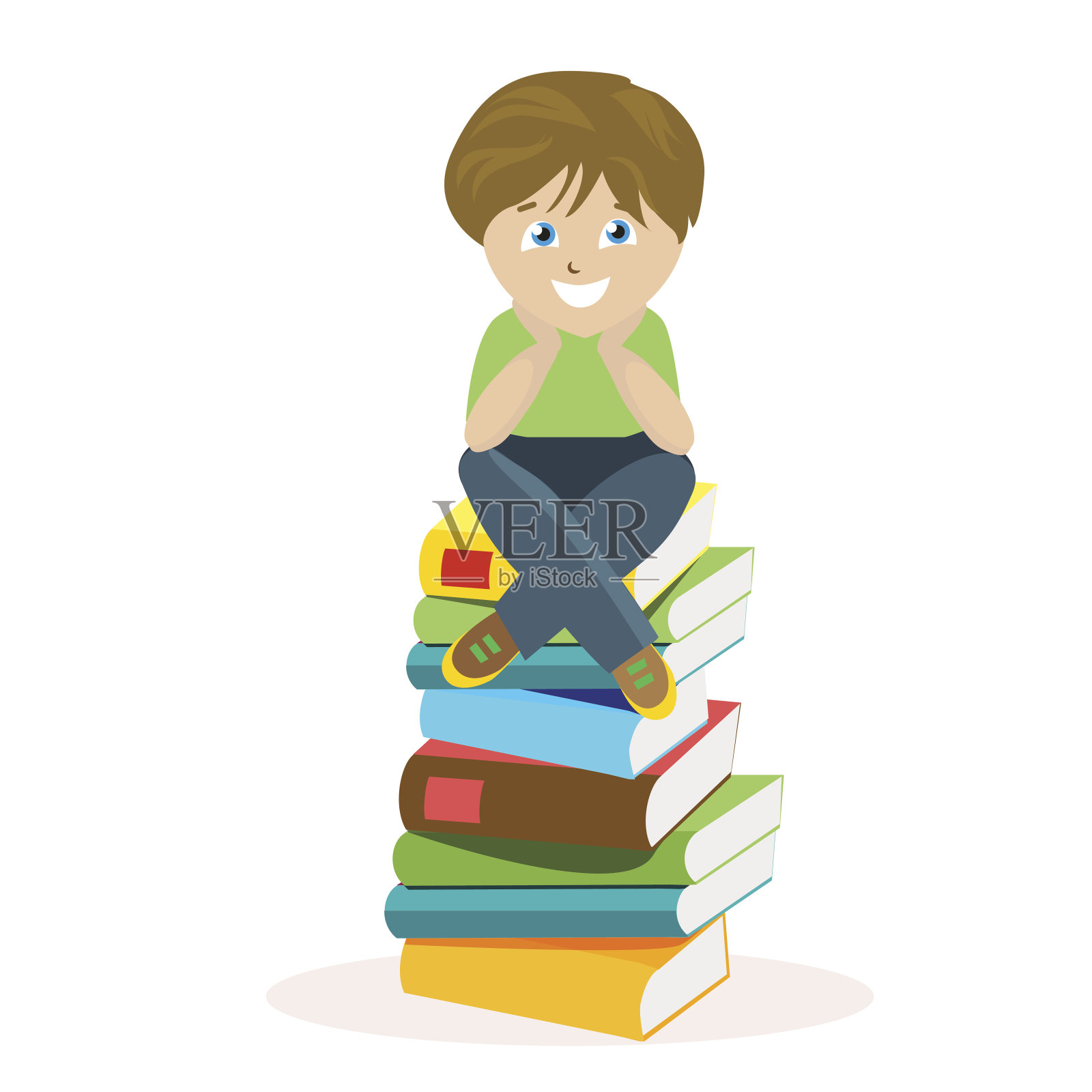 男孩坐在一大堆书上。矢量插图的一个学生在一个平坦的风格，孤立在白色的背景。向量,EPS10。设计元素图片