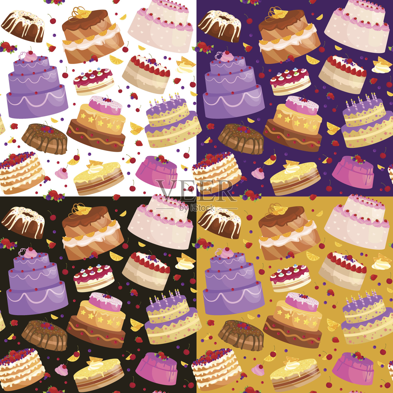 矢量蛋糕图标设置，生日食品，甜甜点，孤立的插图。插画图片素材