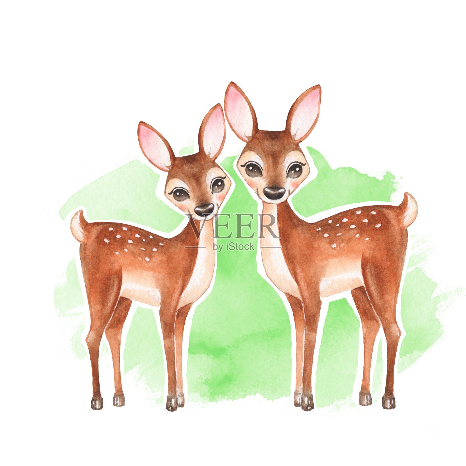绿色背景上的小鹿。水彩插画图片素材
