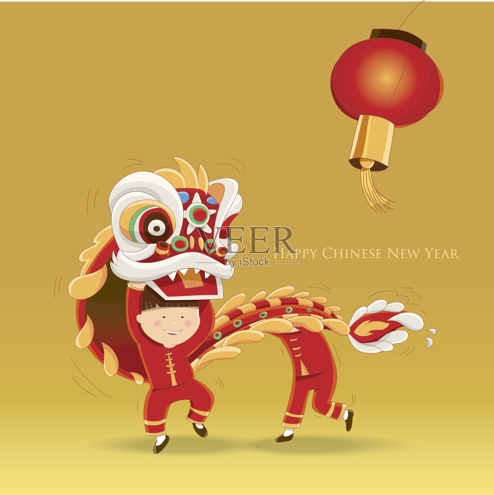 春节快乐-孩子们玩舞狮插画图片素材