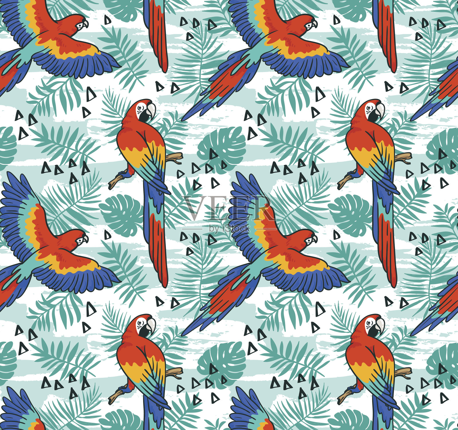 Ara鹦鹉矢量无缝模式。热带织物设计。插画图片素材