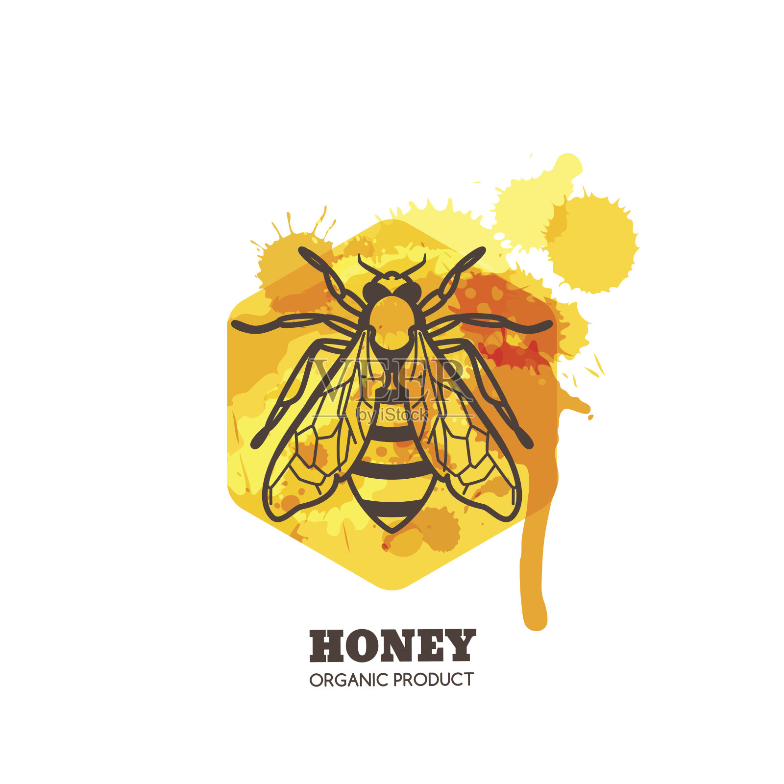 蜂蜜标签，徽章，标签设计。矢量蜜蜂在水彩蜂巢。插画图片素材