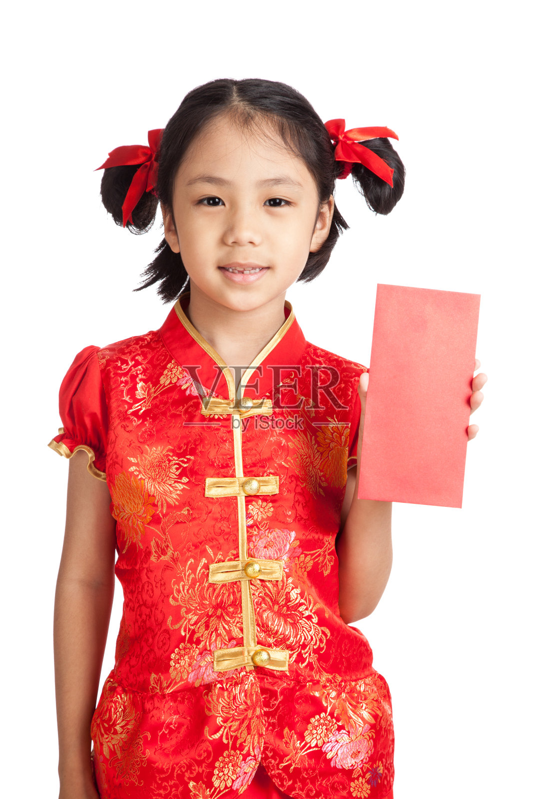 亚洲女孩穿着中国旗袍和红包照片摄影图片