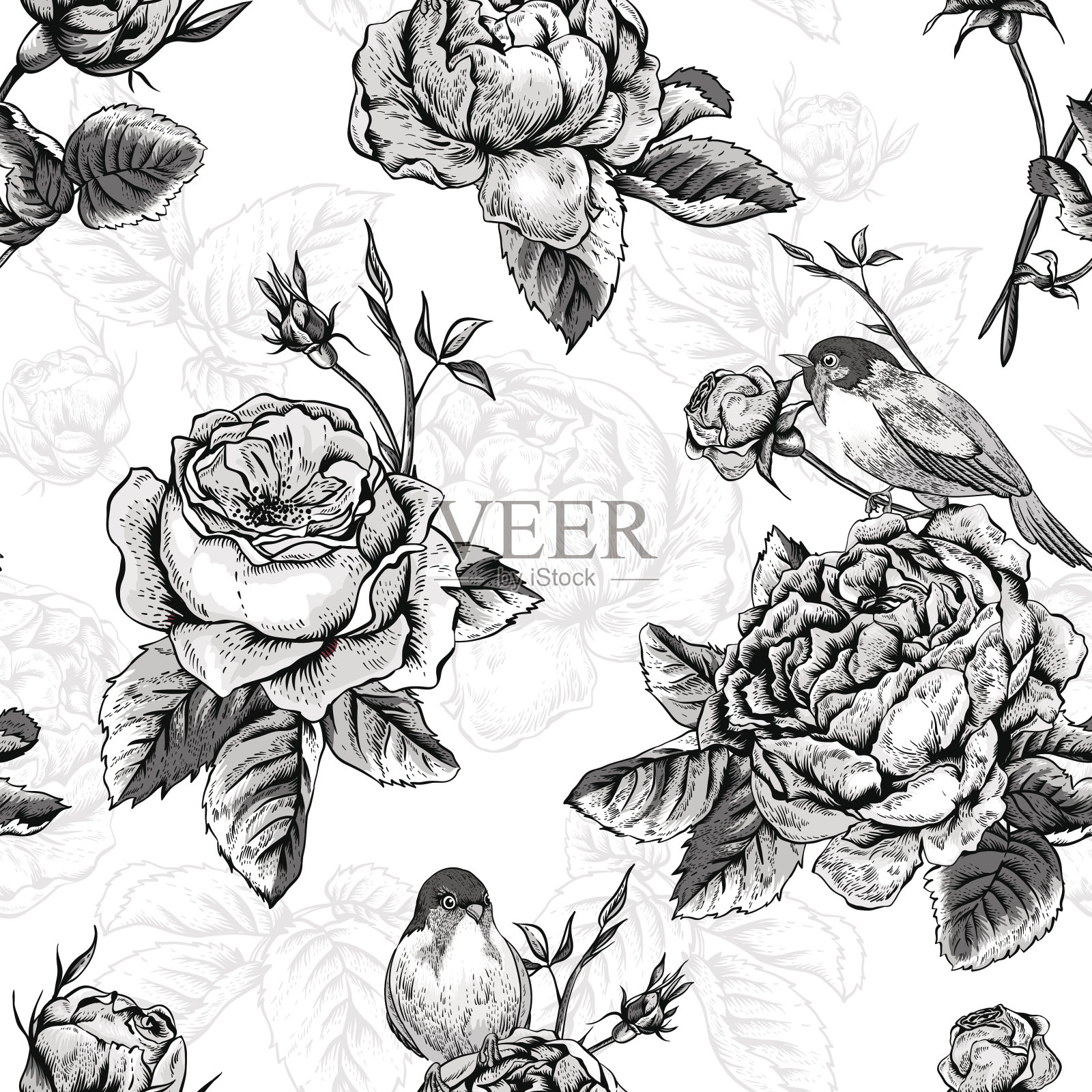 花无缝图案与玫瑰和鸟插画图片素材