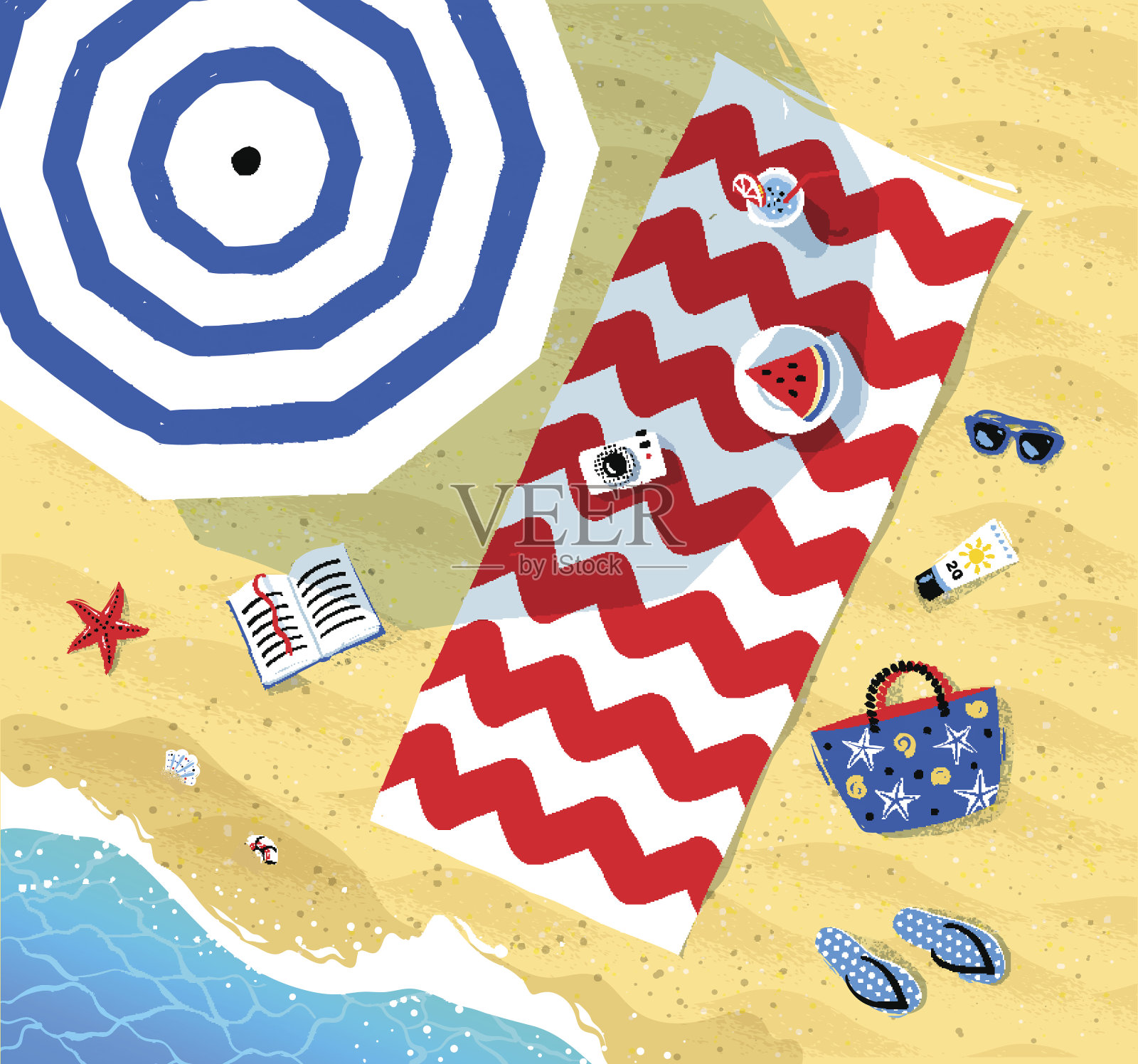 海滩垫子和遮阳伞附近的海浪插画图片素材