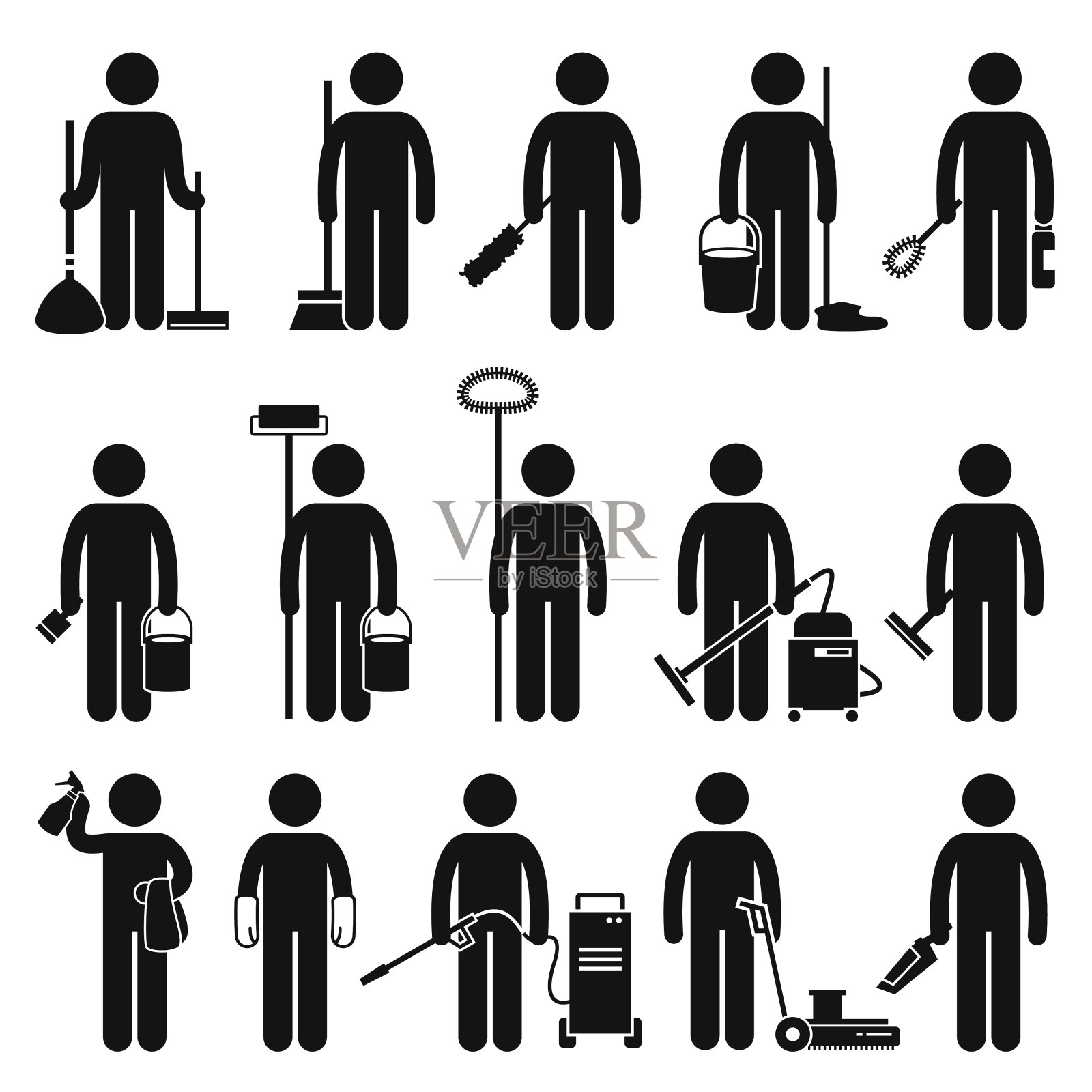 清洁工清洁工具和设备Stick Figure象形图标插画图片素材