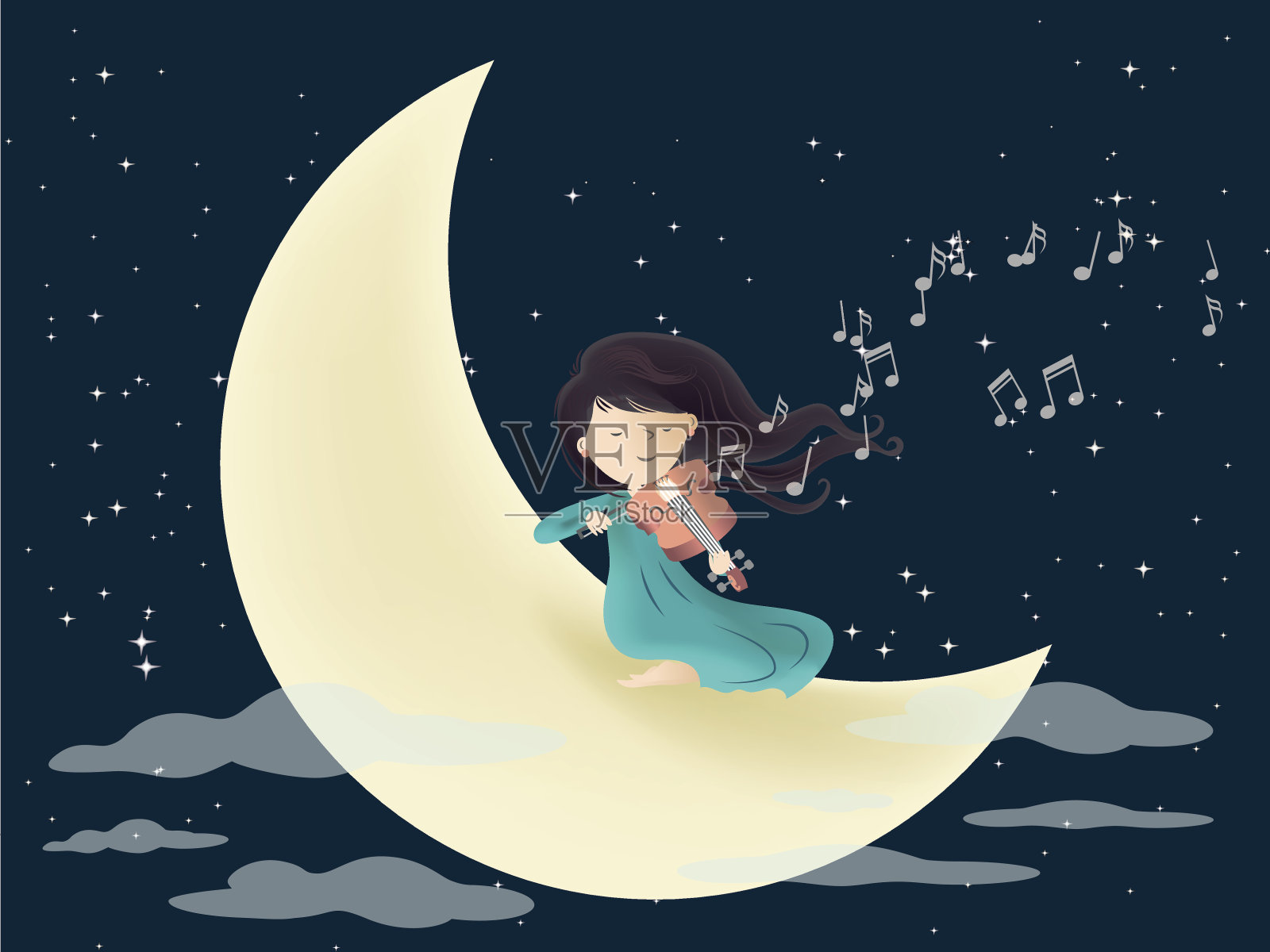 在繁星点点的夜晚，在月亮上拉小提琴插画图片素材