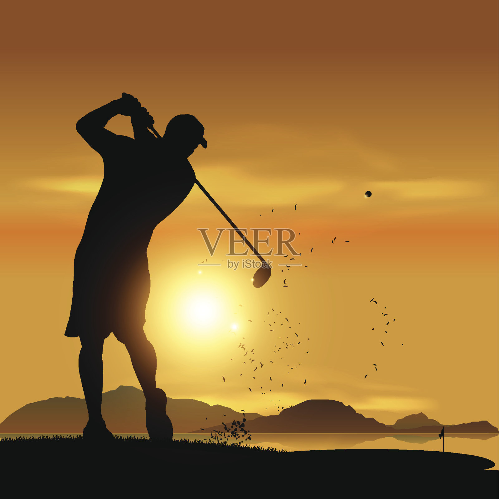 高尔夫球手在日落时的剪影插画图片素材