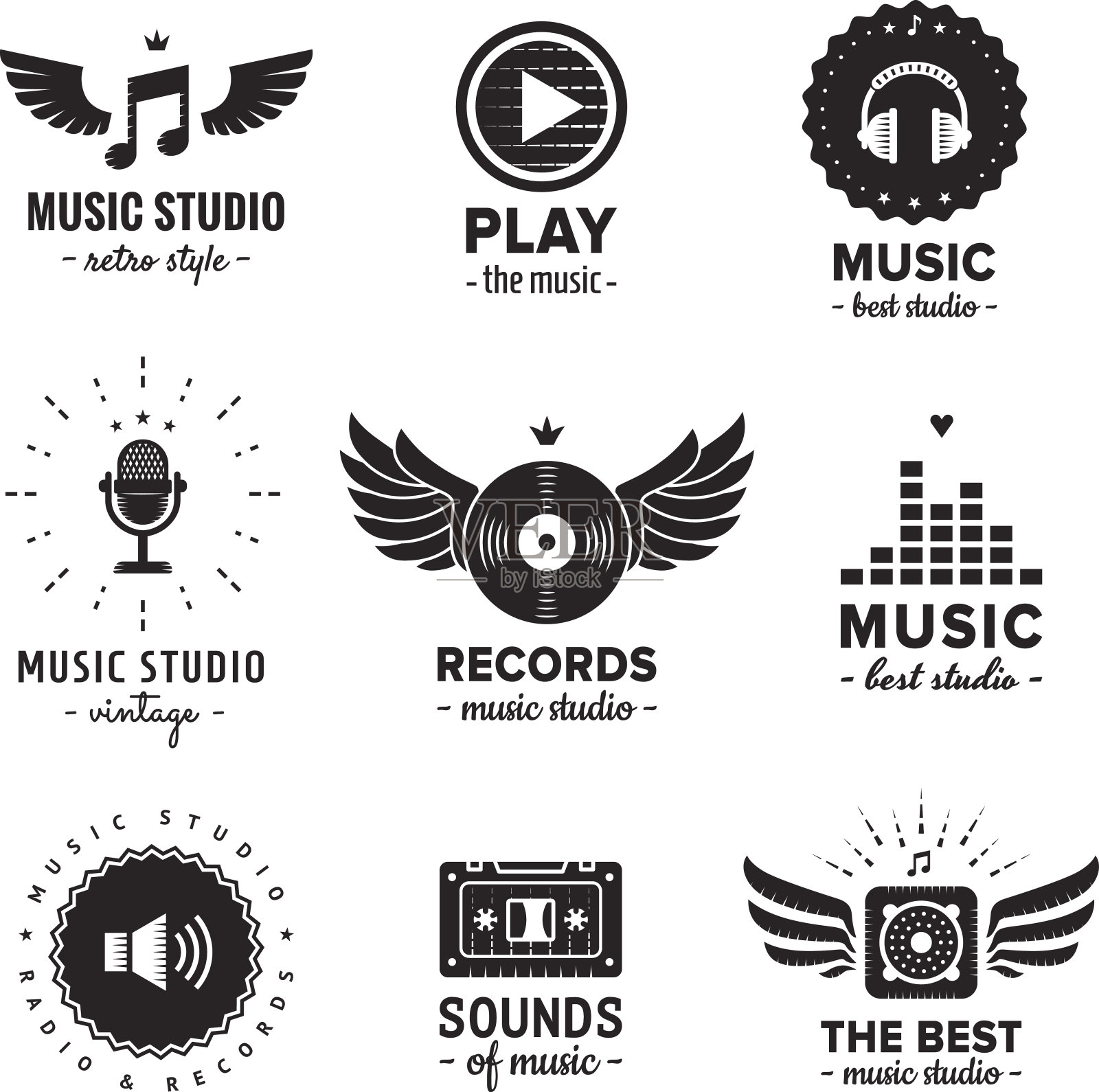音乐工作室和电台标志复古向量集。插画图片素材