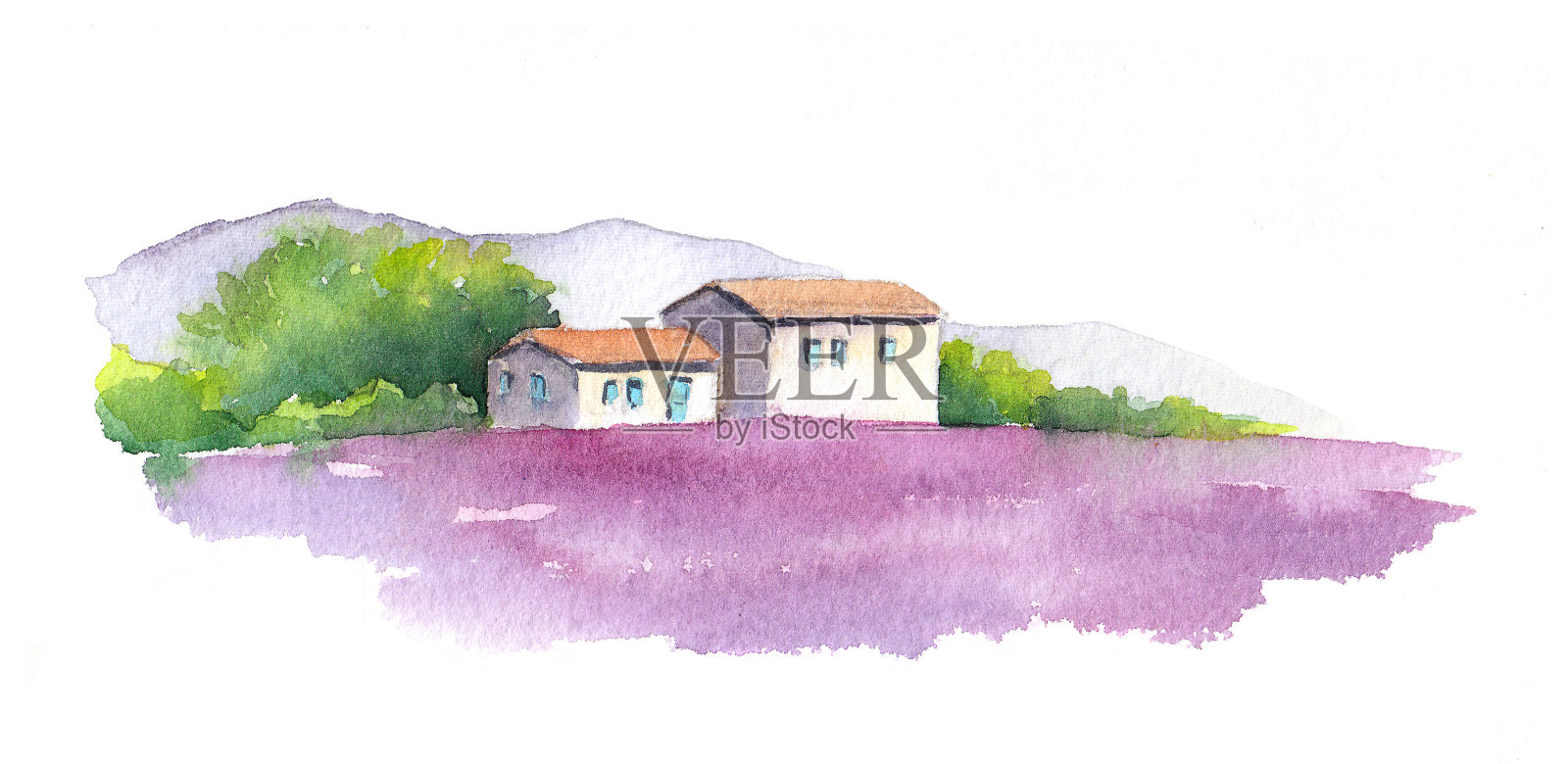 法国普罗旺斯的薰衣草田和乡村房屋。水彩插画图片素材