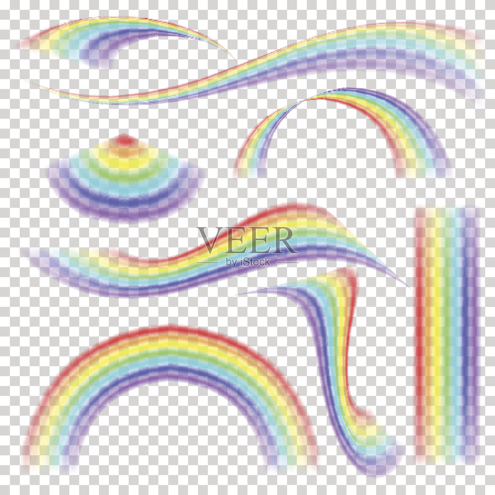 彩虹组向量。不同的形状。现实彩虹设置隔离透明背景插画图片素材