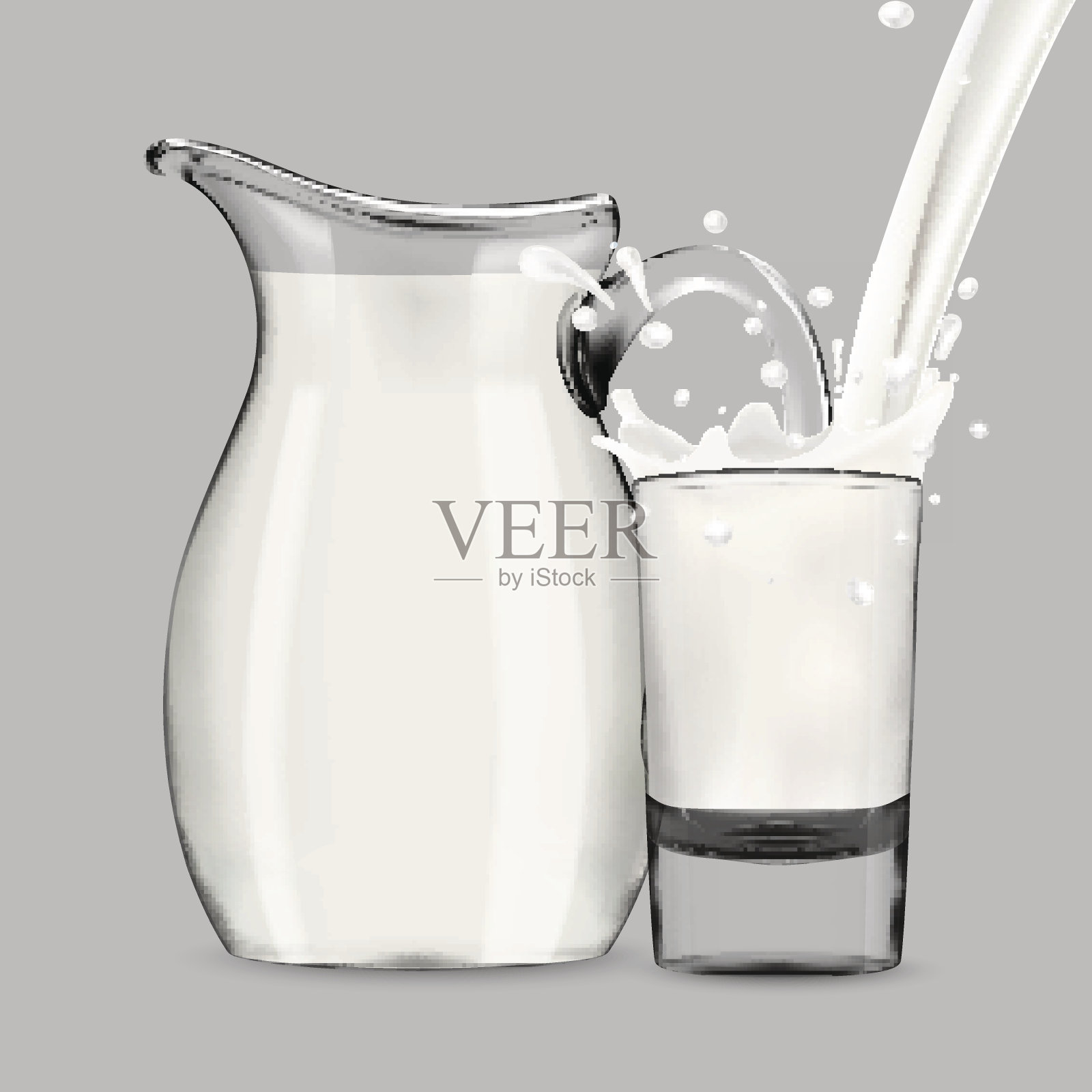将牛奶倒入透明的玻璃中，溅起大量的水滴，后面是满满一壶牛奶插画图片素材
