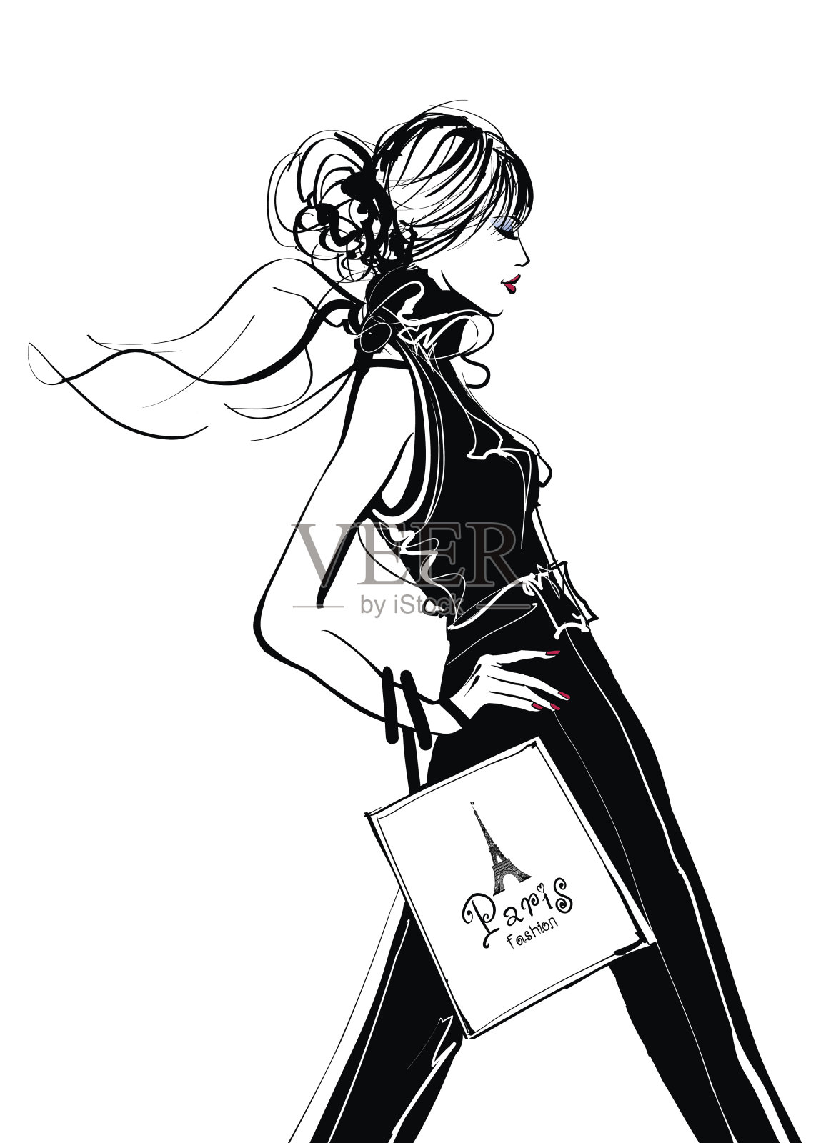 在巴黎购物的漂亮女人插画图片素材