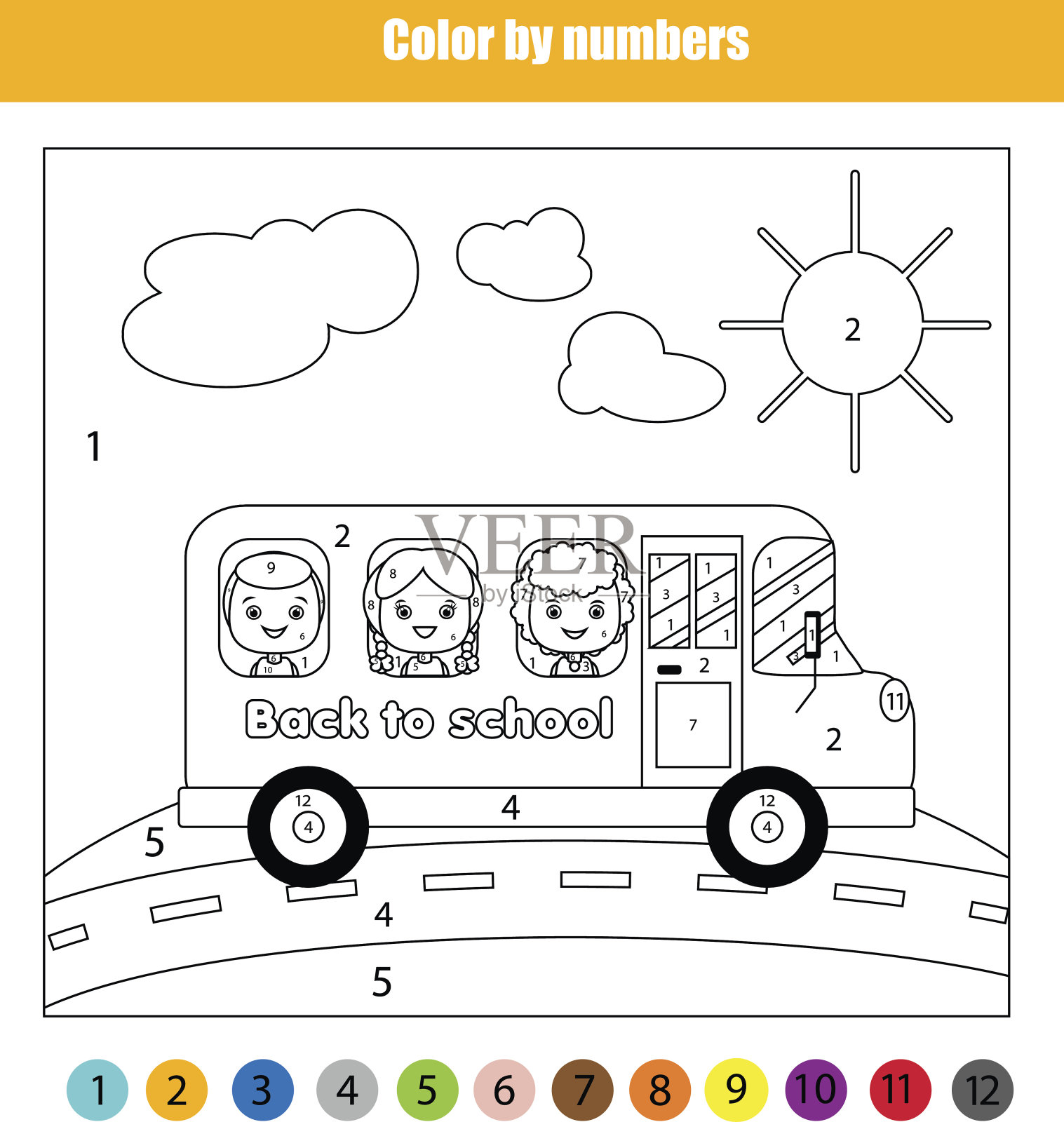 在校车上给孩子涂色。颜色的数量插画图片素材