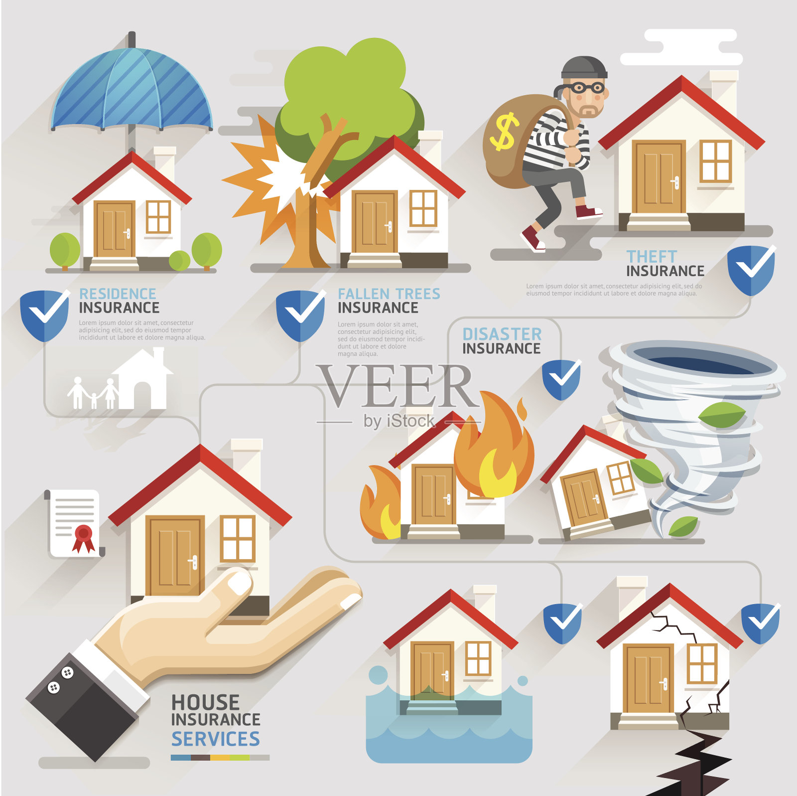 房屋保险业务服务图标模板。插画图片素材