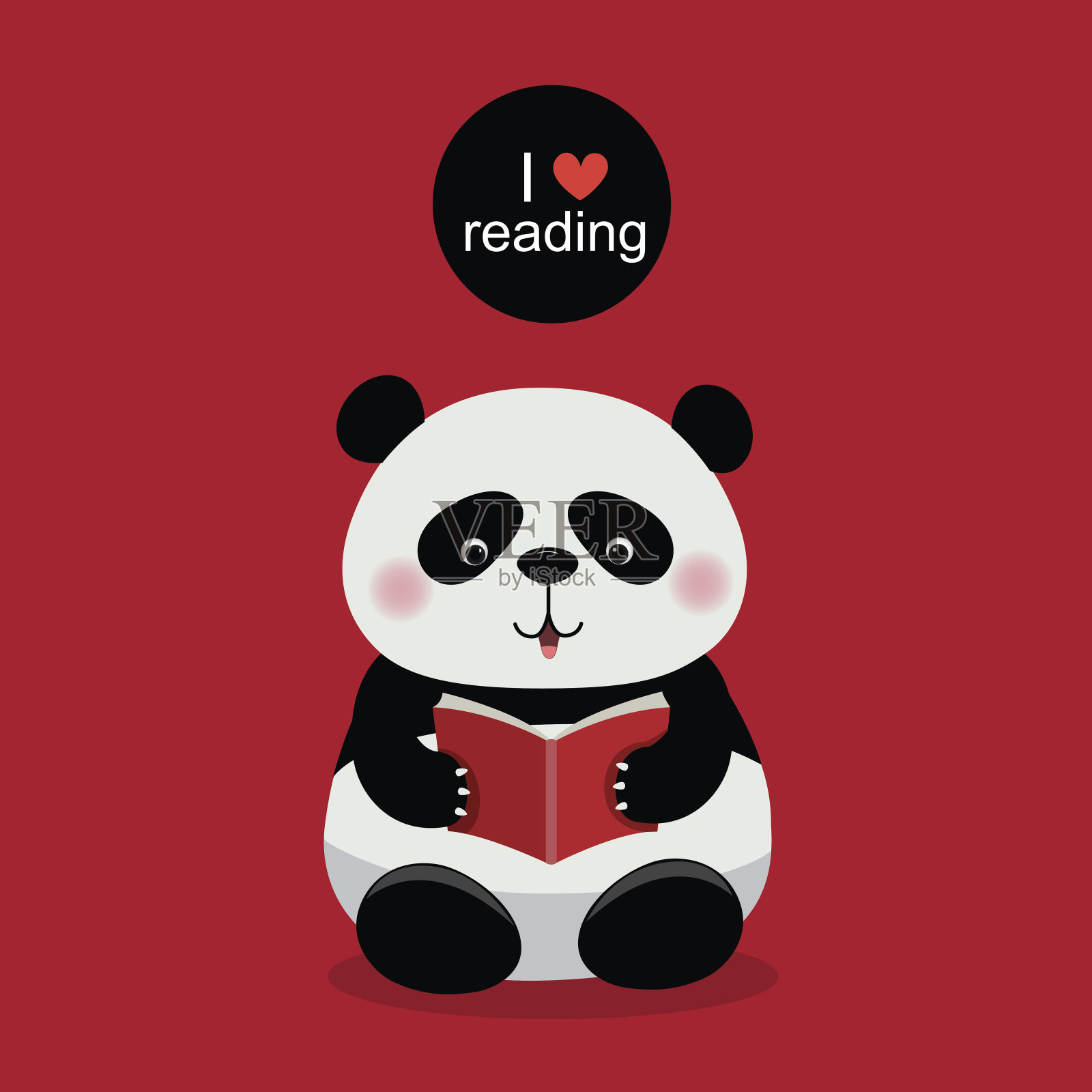 可爱的熊猫在红色的背景上看书插画图片素材